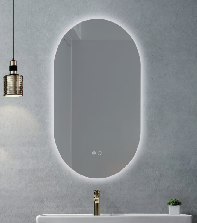 Espejo de baño con luz led funcional, oval tri-led black gris/plata con antivaho, táctil 50x90cm