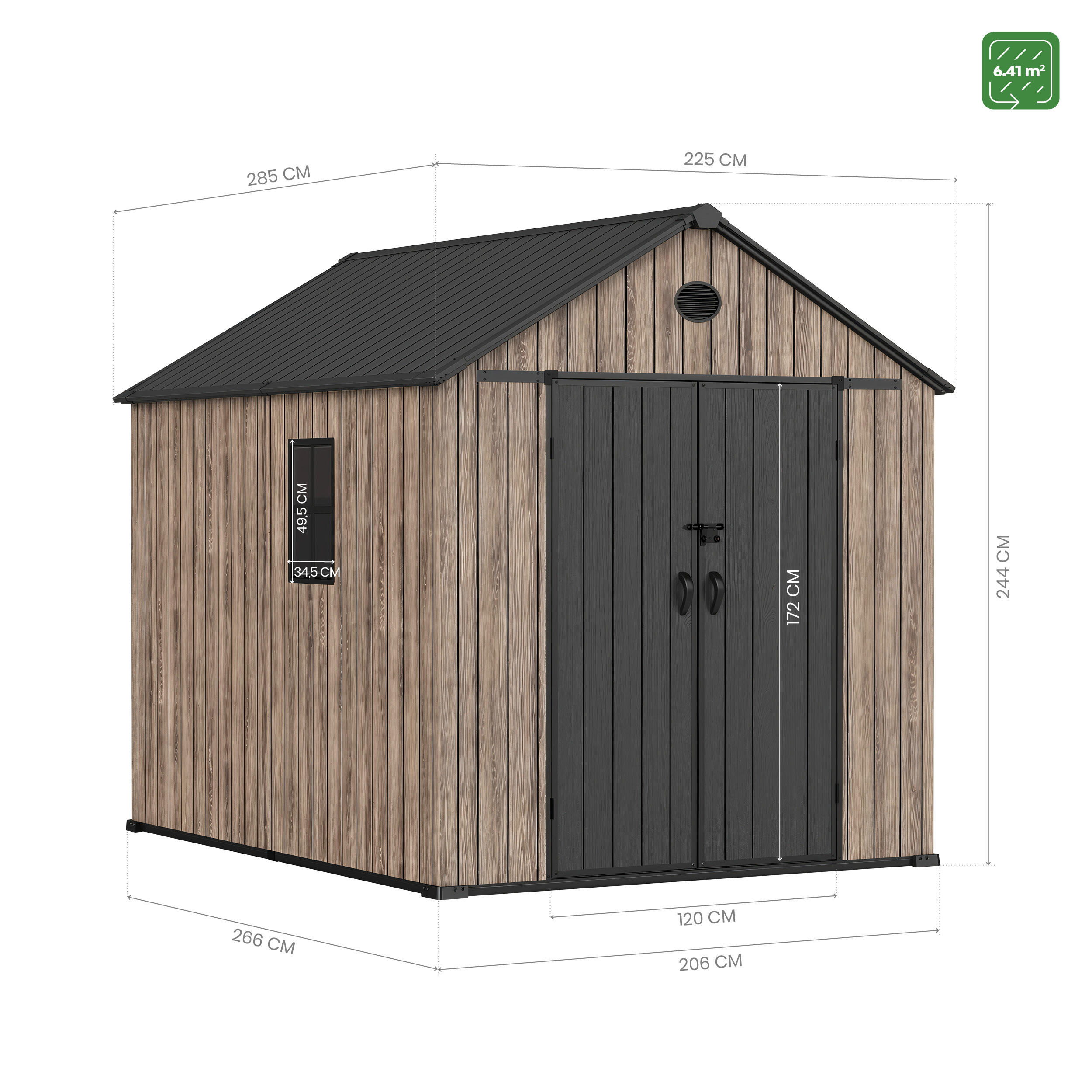 Caseta de resina OAK O60 de 226x243x283 cm y 6.4 m2 con 16 mm espesor y doble puerta abatible HOGGAR - 2