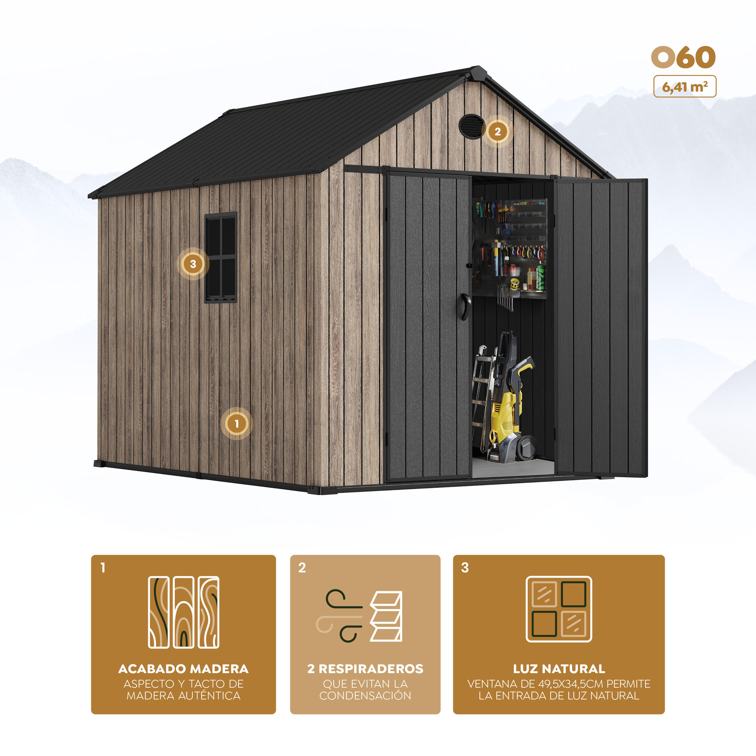 Caseta de resina OAK O60 de 226x243x283 cm y 6.4 m2 con 16 mm espesor y doble puerta abatible HOGGAR - 6