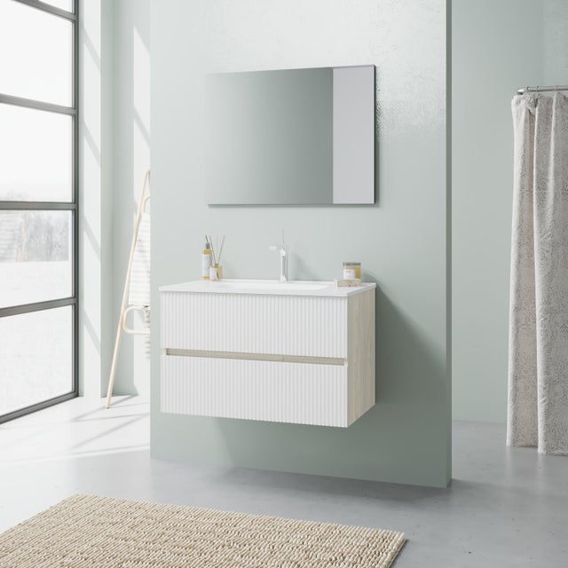 Mobile bagno sospeso con lavabo e specchio L 80.2 x H 50.6 x P 44 cm Bianco Lucido, Rovere Ice cannettato 2 cassetti per vasca centrale Santorini