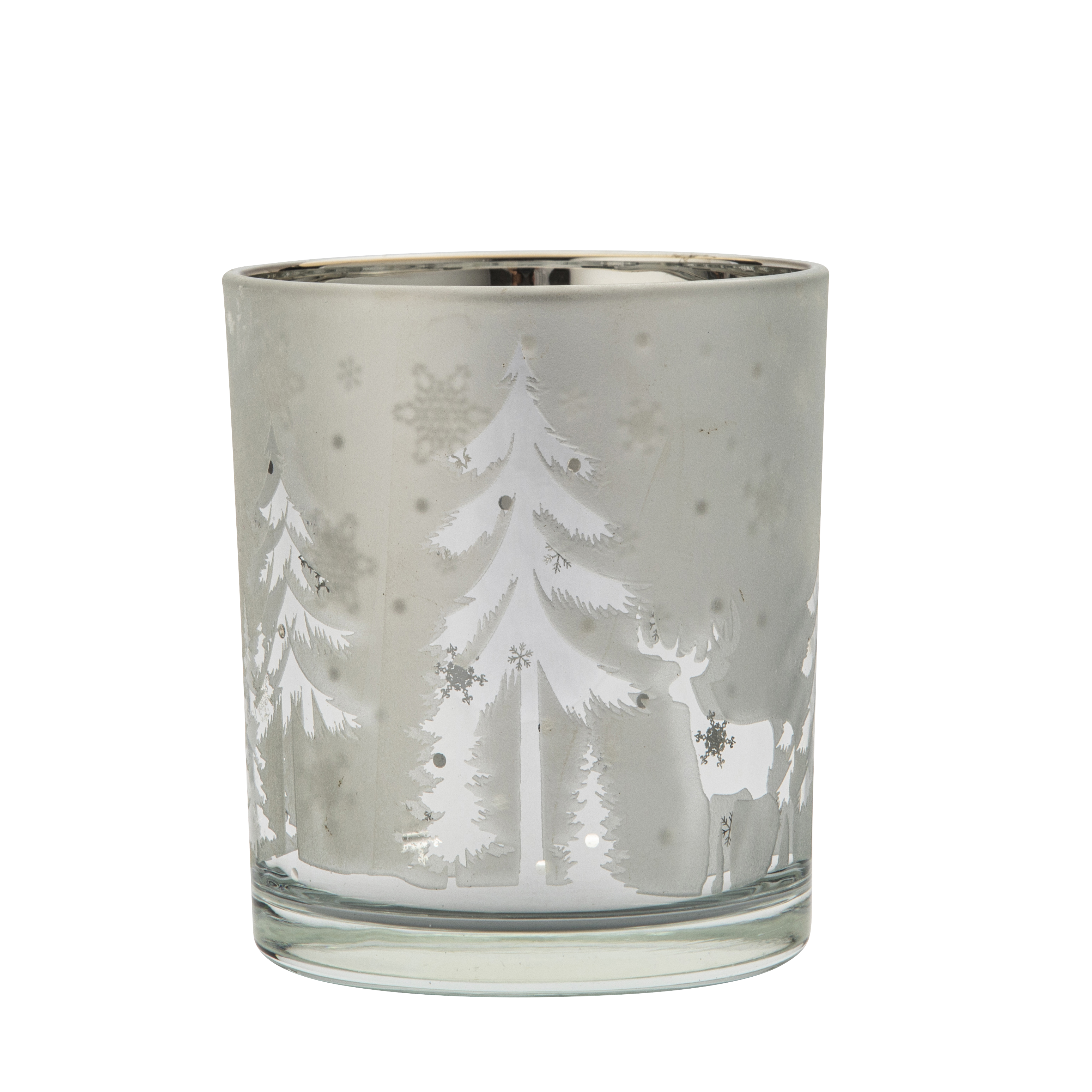 Świecznik szklany na tealight Renifer 9 x 10 cm srebrny