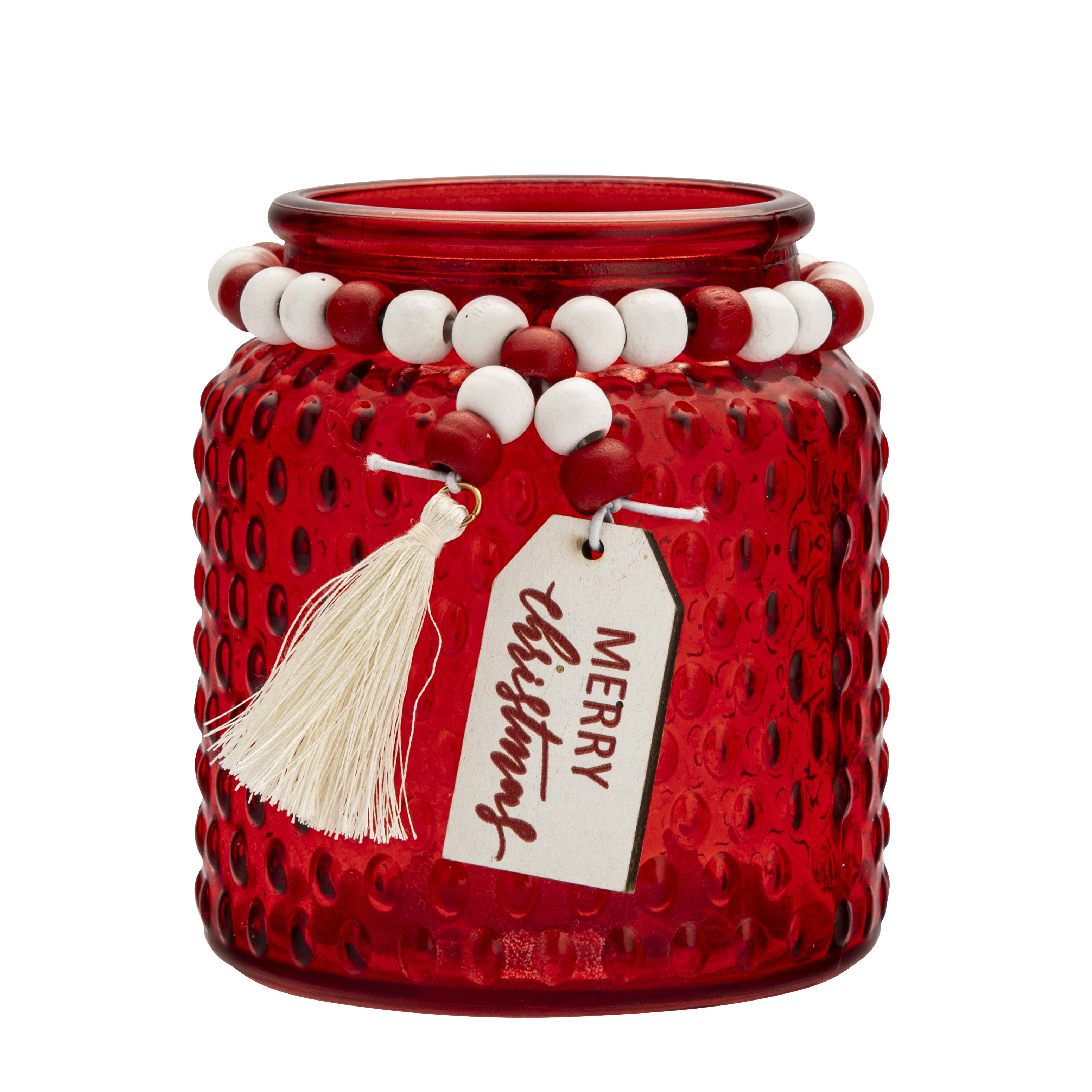 Świecznik szklany na tealight Merry Christmas 10 x 11 cm czerwony