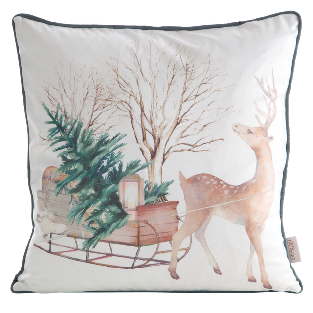 Poszewka na poduszkę świąteczna Sanie brązowo-zielona 45 x 45 cm