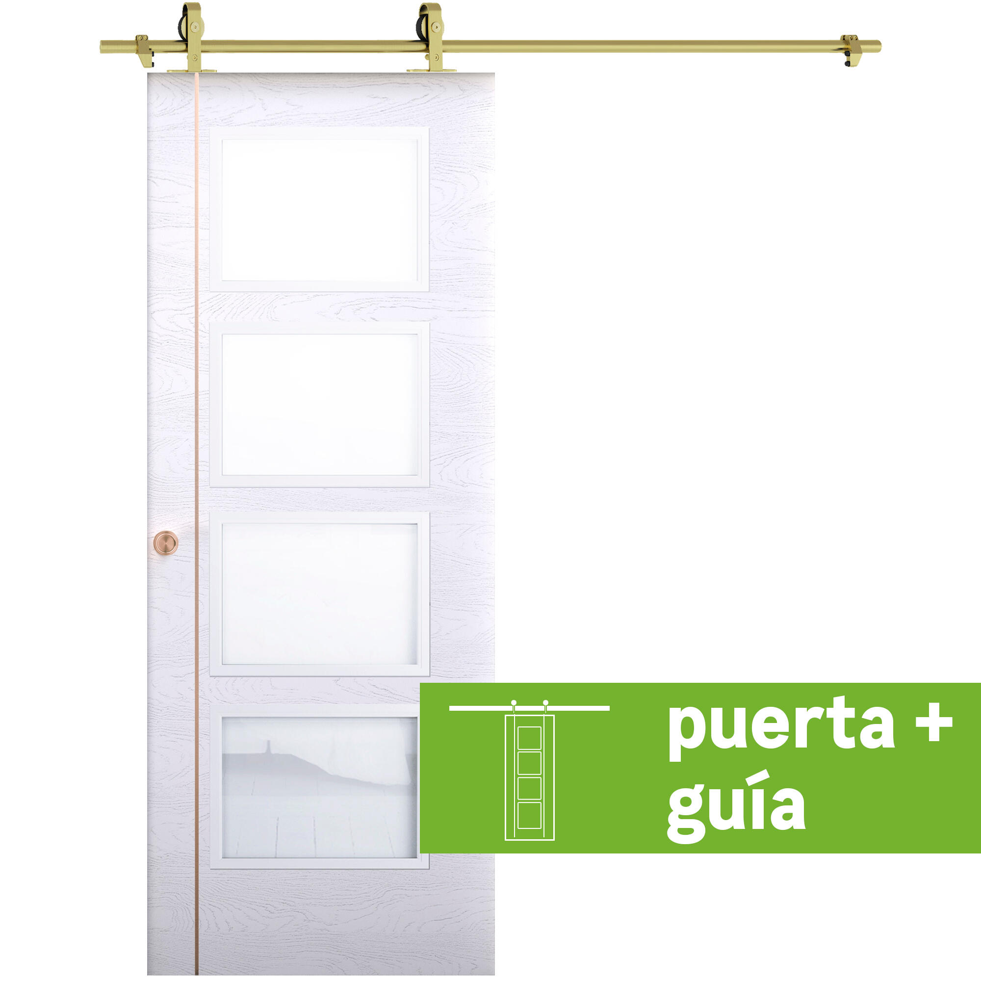 Pack puerta de interior corredera con cristal incluido maciza premium mencia blanco oro acabado laminado anchura 72,5cm +guia corredera
