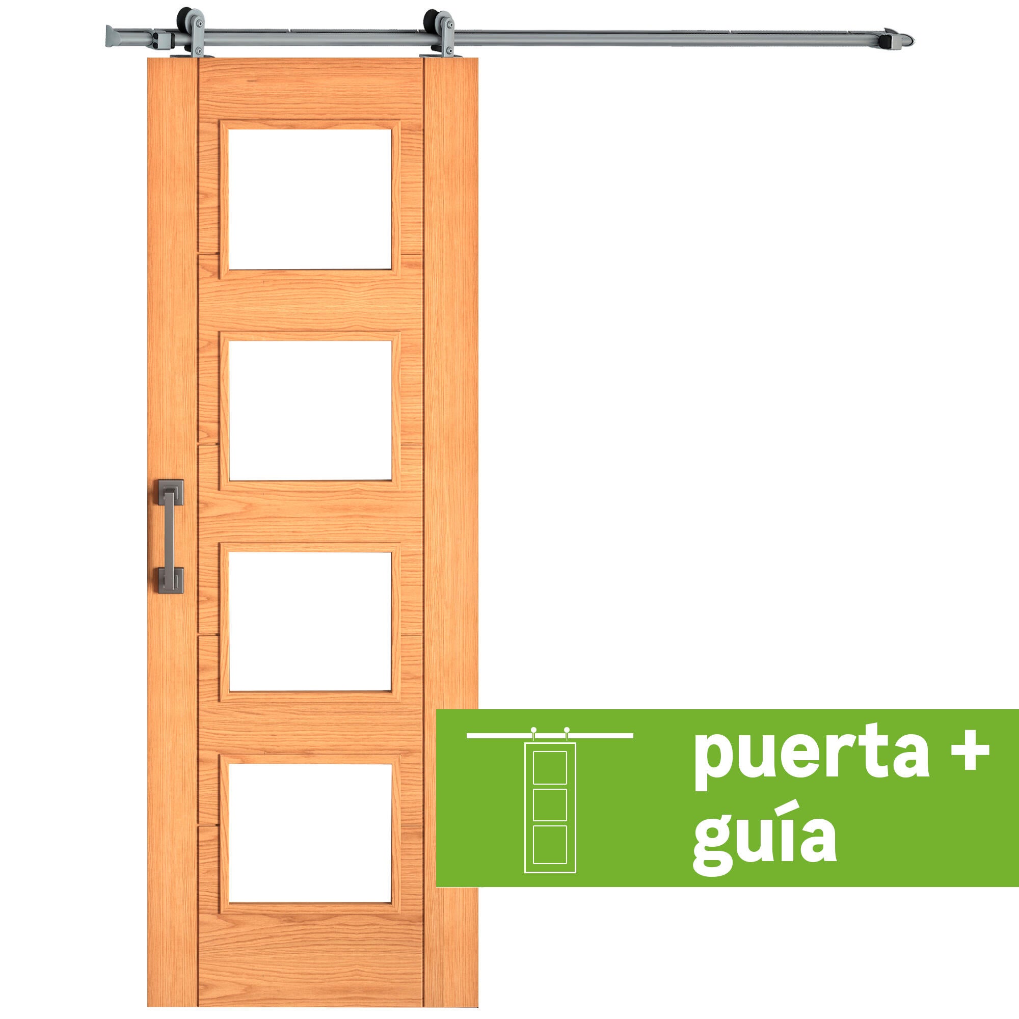 Pack puerta de interior corredera con cristal incluido estructura maciza serie line plus noruega roble acabado laminado con uñero anchura 82,5cm +guia corredera