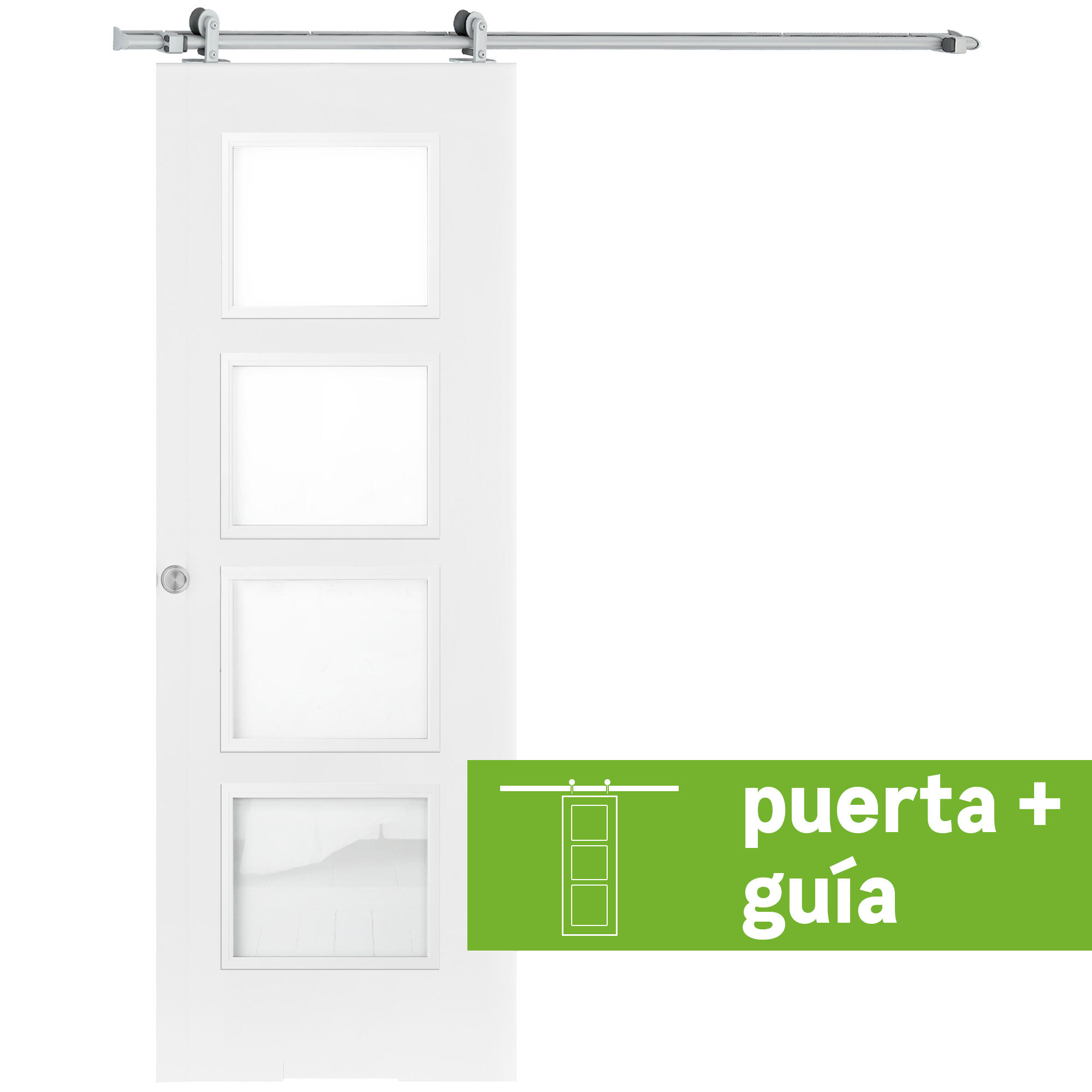 Pack puerta de interior corredera con cristal incluido maciza premium bari blanco acabado lacado anchura 72,5cm +guia corredera