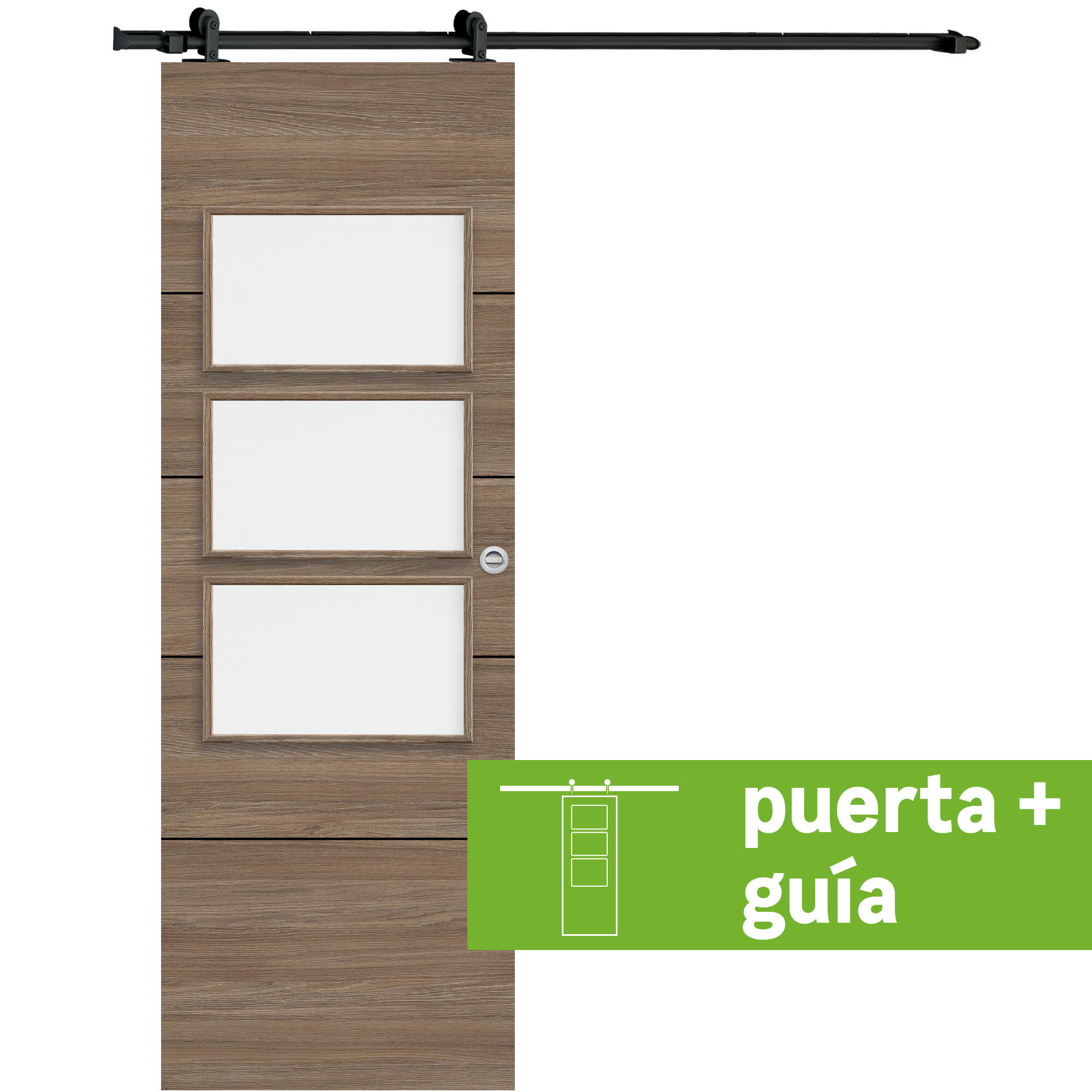Pack puerta de interior corredera con cristal incluido estructura maciza serie line berna coffe nogal acabado laminado con uñero anchura 72,5cm +guia corredera