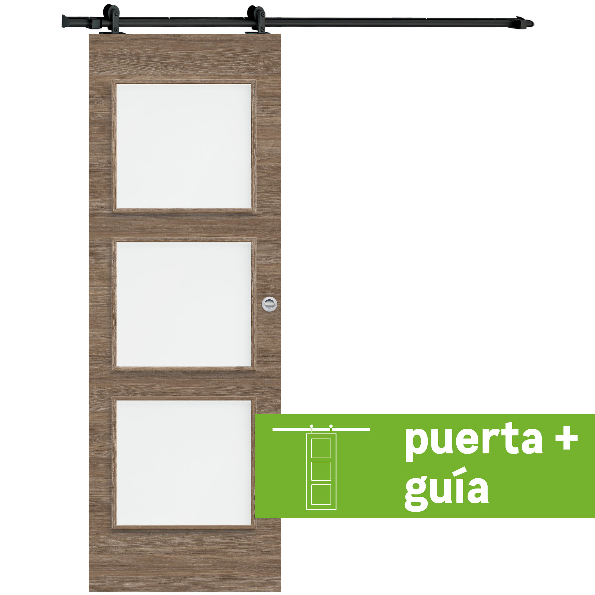 Pack puerta de interior corredera con cristal incluido maciza line oslo coffe nogal acabado laminado con uñero y condena anchura 82,5cm +guia corredera