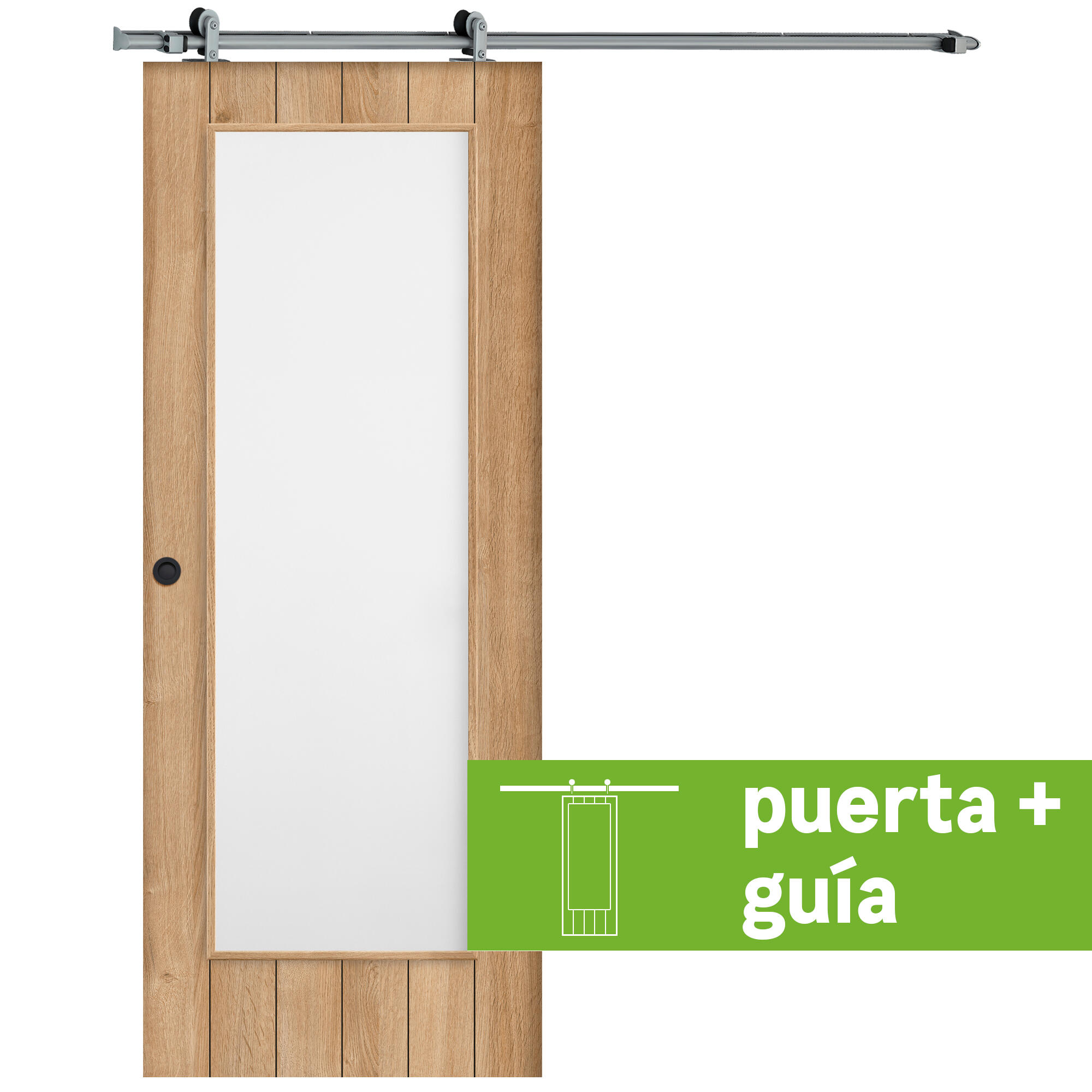 Pack puerta de interior corredera con cristal incluido maciza line plus chicago roble acabado laminado con uñero anchura 92,5cm +guia corredera