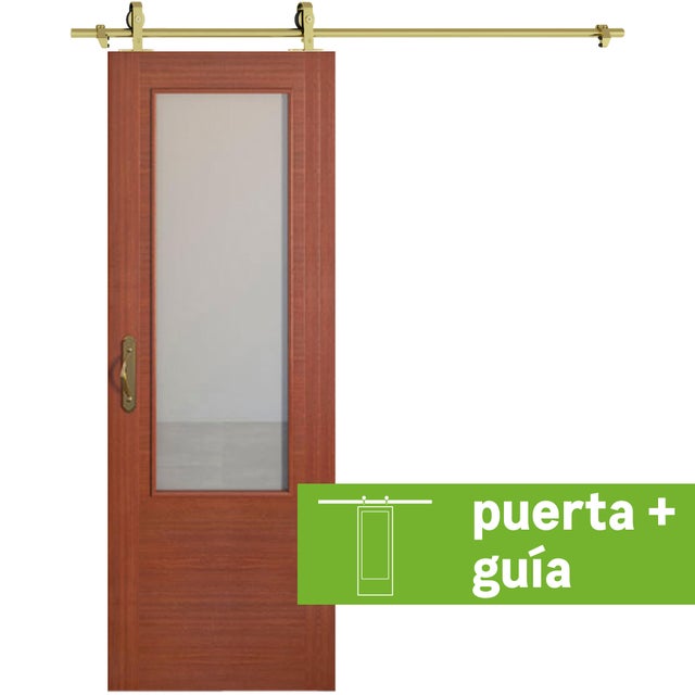 Pack puerta de interior corredera con cristal maciza barnizada Line Plus Niza sapelly anchura 82,5cm +guia corredera