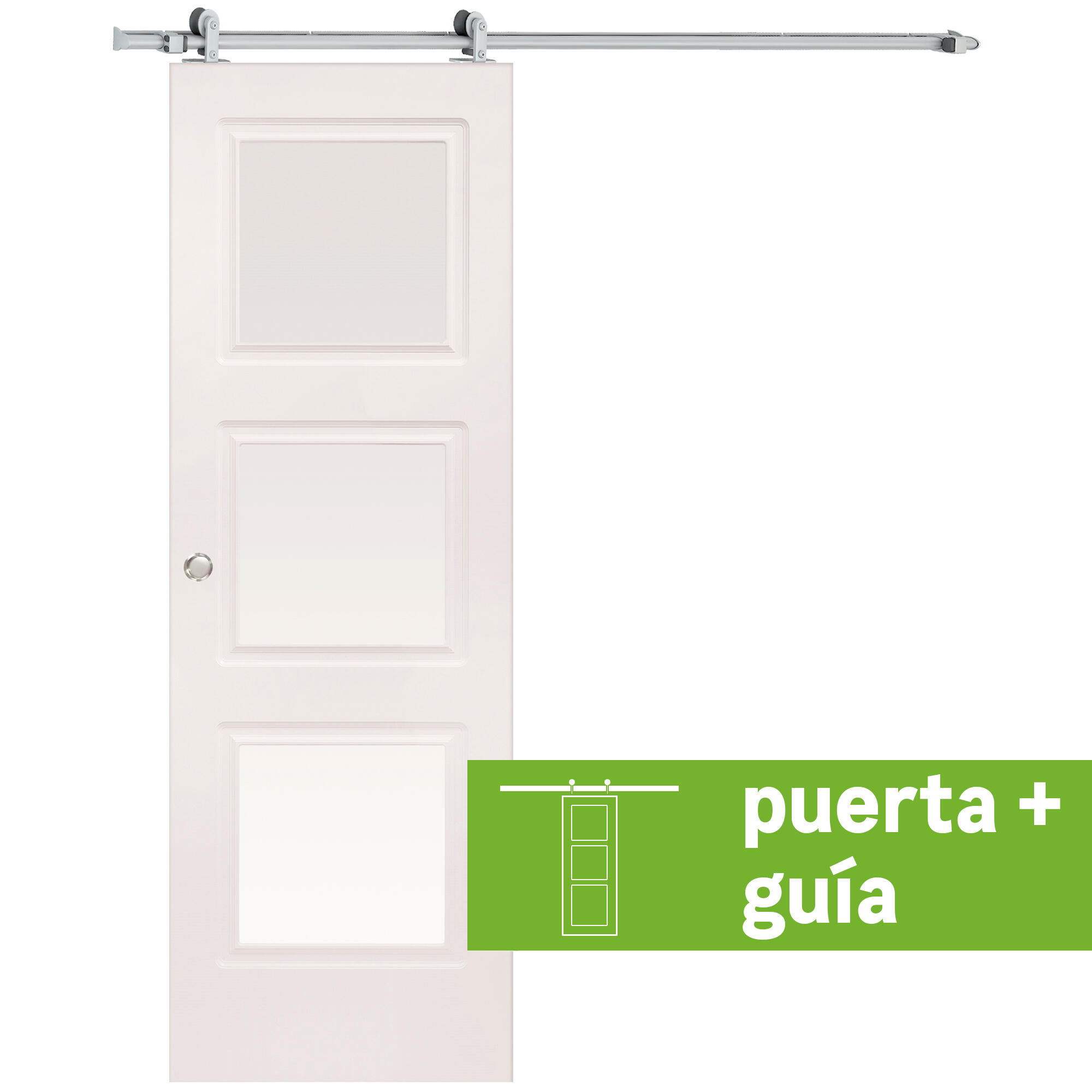 Pack puerta de interior corredera con cristal incluido maciza line plus new mónaco blanco acabado lacado con uñero y condena anchura 82,5cm +guia corredera