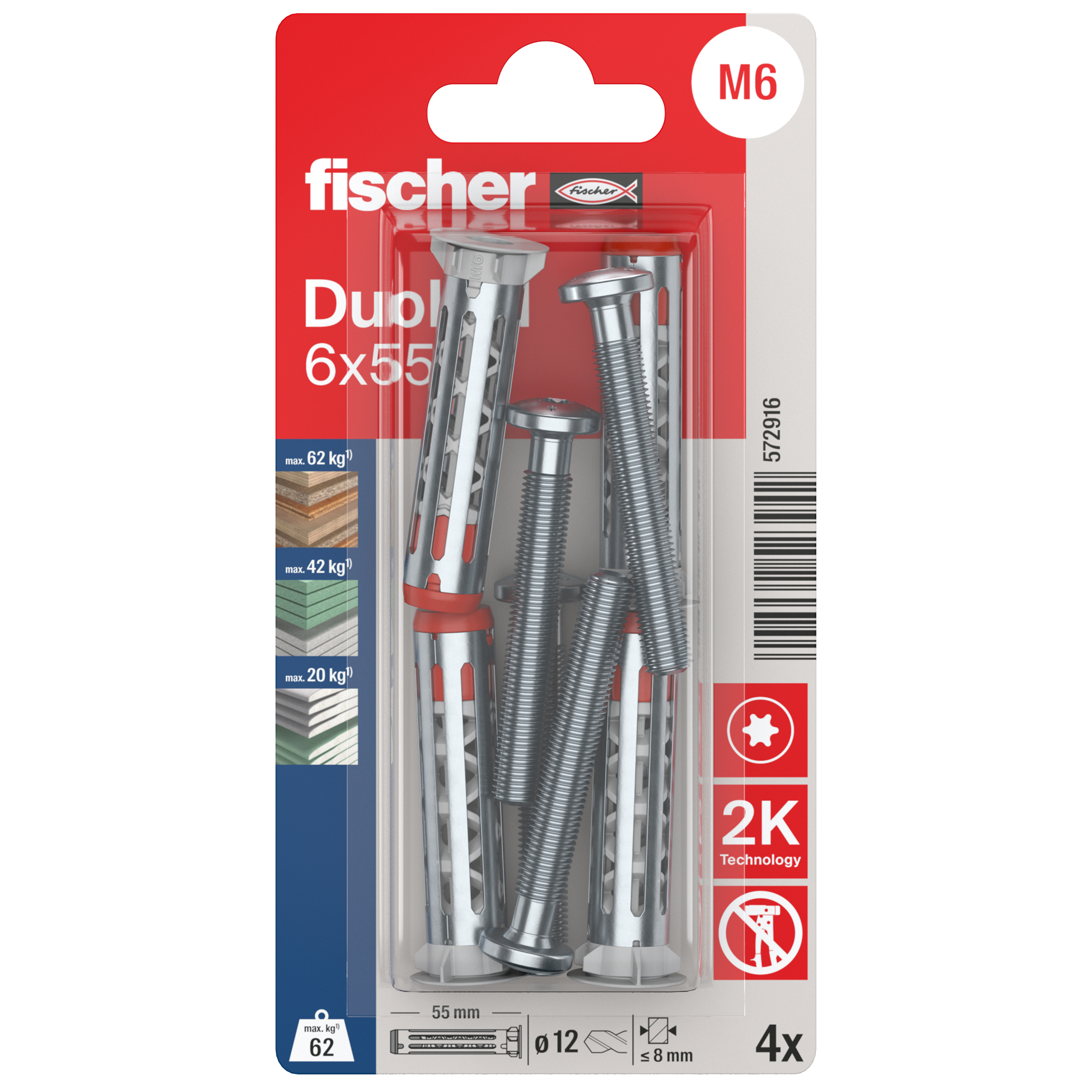 Kołki stalowe do płyt g/k DuoHM 6x55 mm 4 szt. Fischer