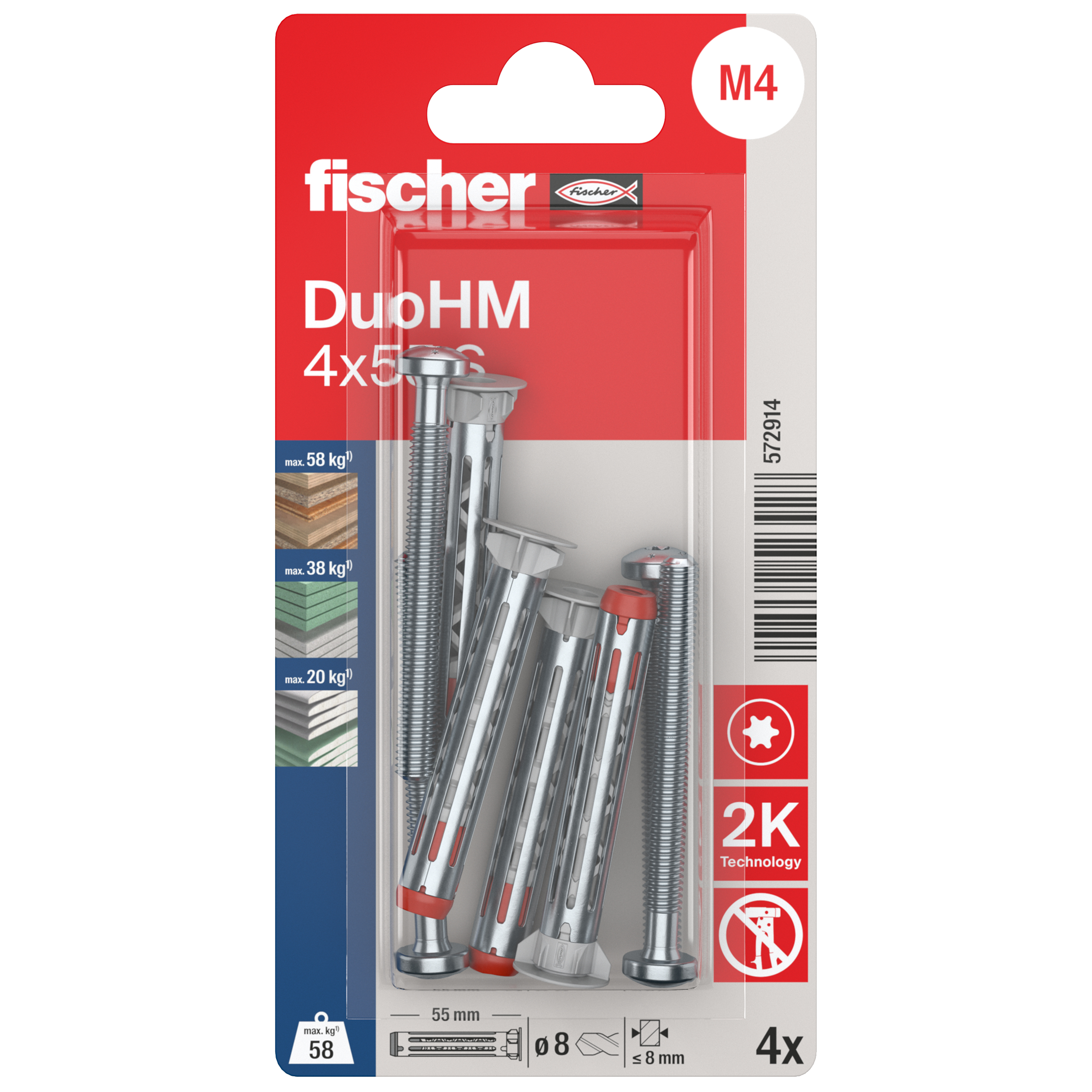 Kołki stalowe do płyt g/k DuoHM 4x55 mm 4 szt. Fischer