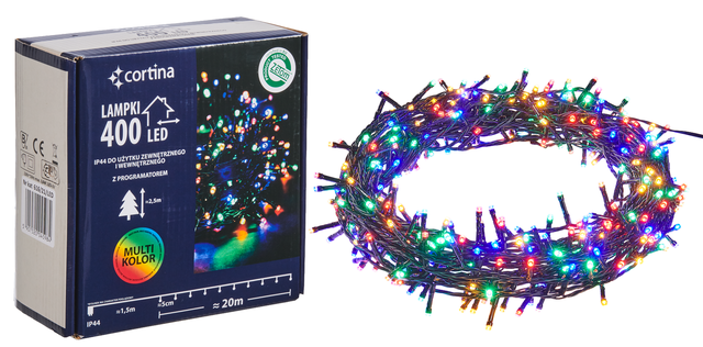 Lampki choinkowe zewnętrzne 400 LED 8 funkcji programator multikolor Cortina