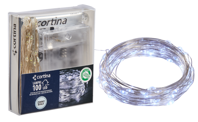 Lampki choinkowe wewnętrzne 100 MICRO LED łezki na baterie zimne białe Cortina
