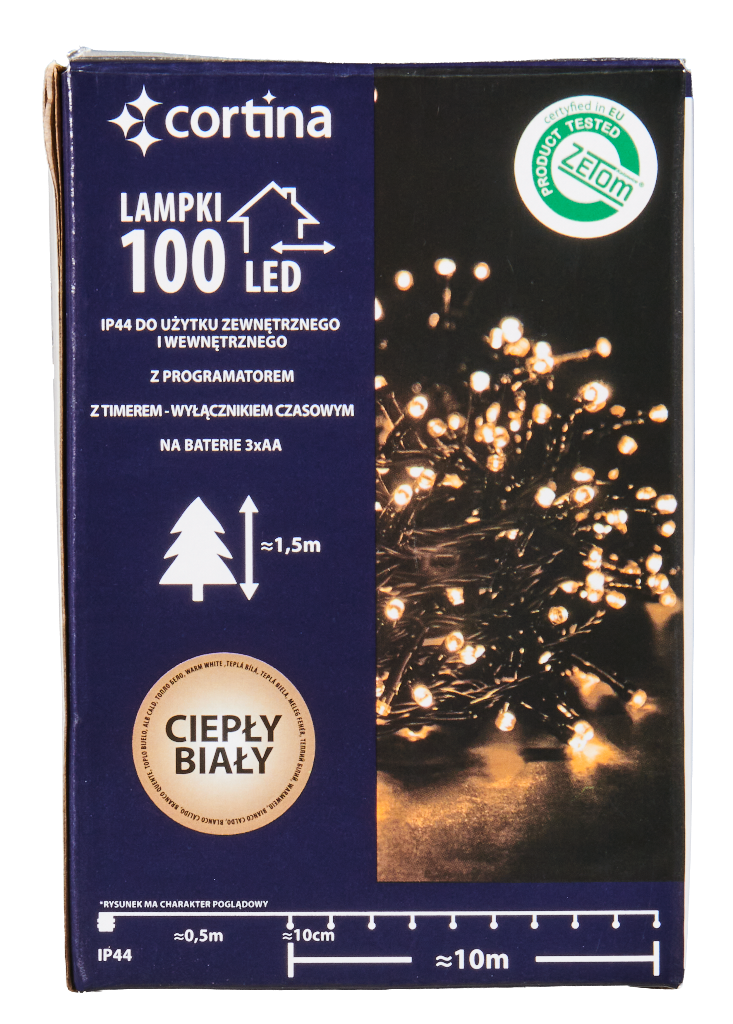 Lampki choinkowe zewnętrzne 100 LED 8 funkcji programator ciepłe białe na baterie Cortina - 7