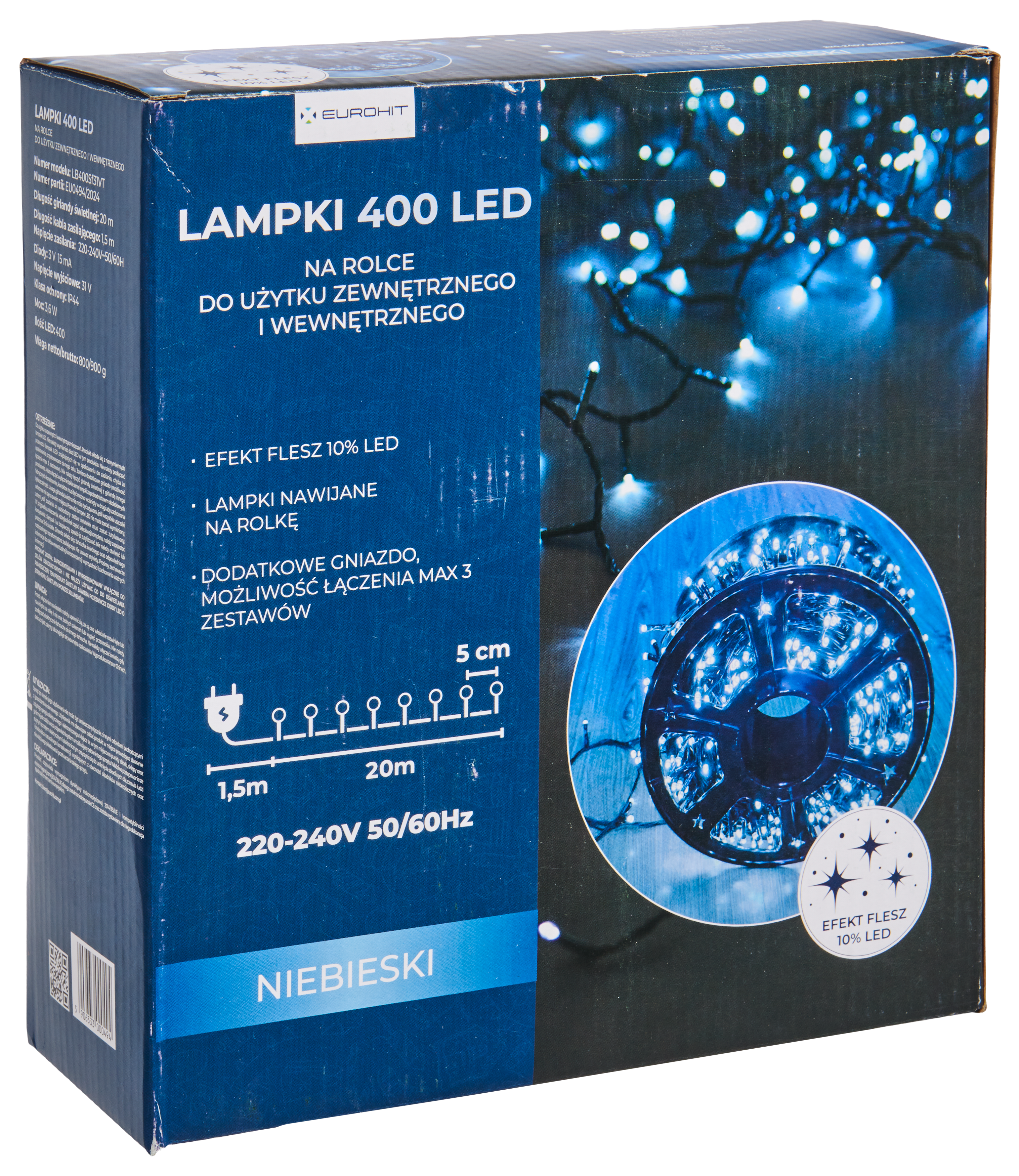 Lampki choinkowe zewnętrzne 400 LED efekt flash, dodatkowe gniazdo niebieskie EUROHIT - 5