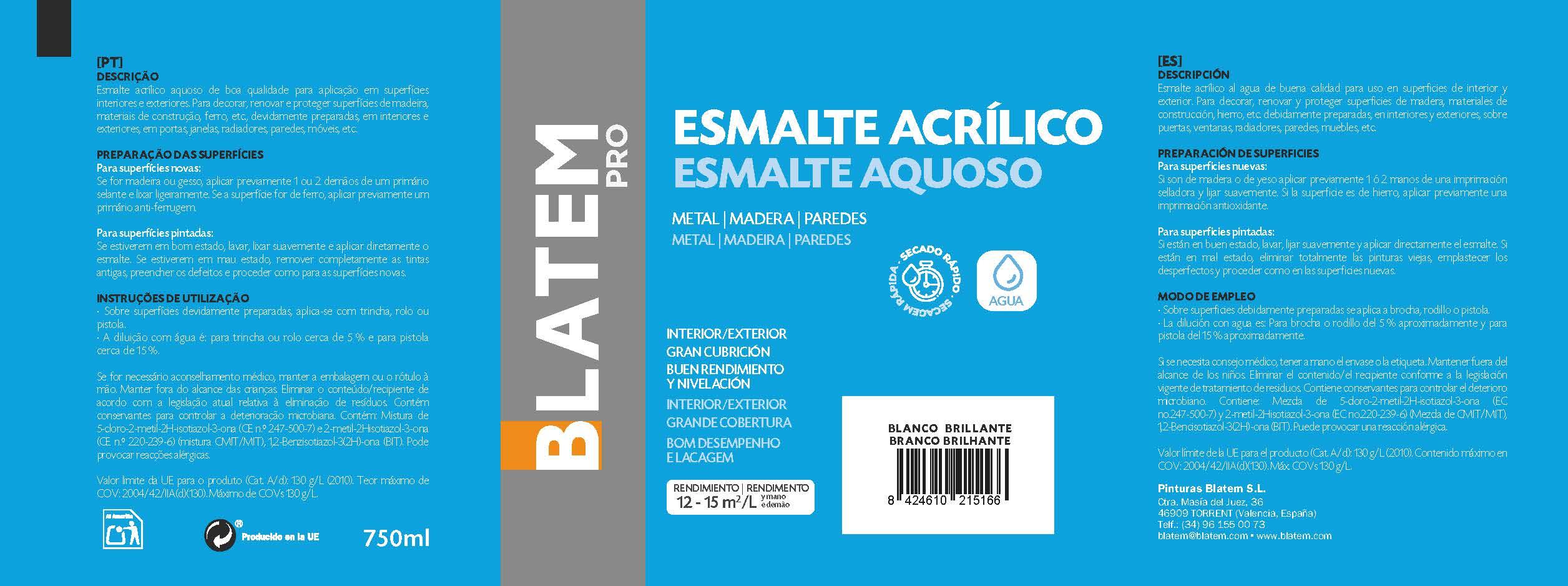 ESMALTE ACRILICO BRILLO 750ML BLANCO - 3