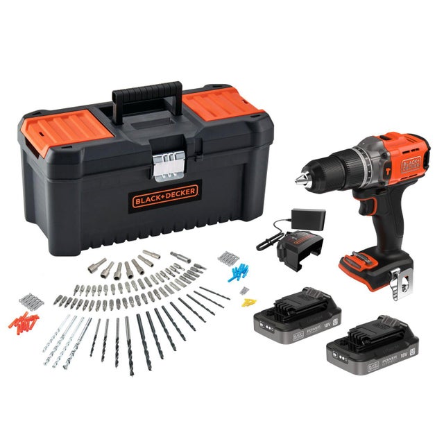 Taladro percutor a batería BLACK + DECKER 18V - 2 baterias : 2 baterías de 2ah - 120 accesorios, caja de herramienta y manual de instrucciones - BCD383D2TA-QW