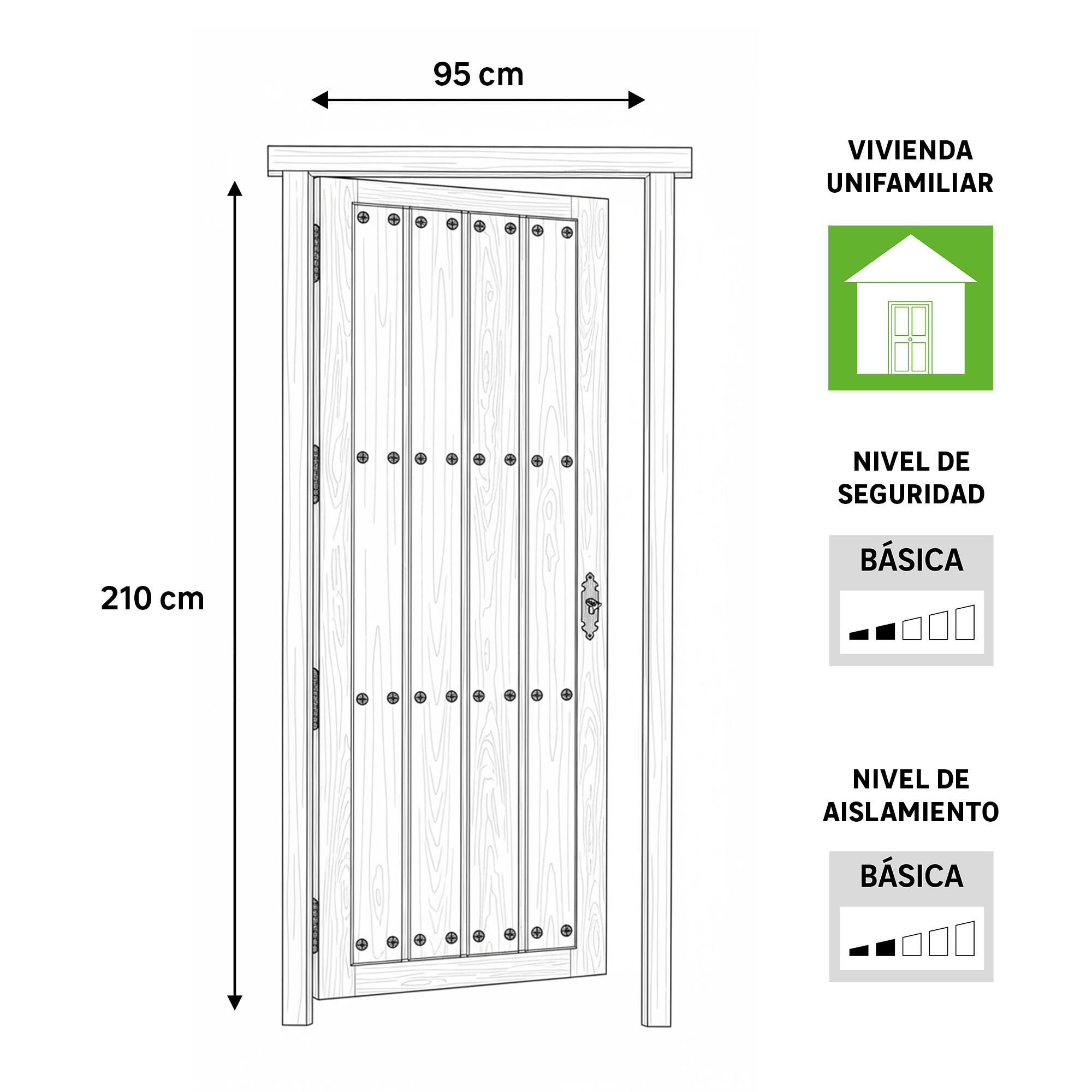 Puerta de entrada madera pino entera diseño rústico color pino apertura izquierda 210x95cm - 4