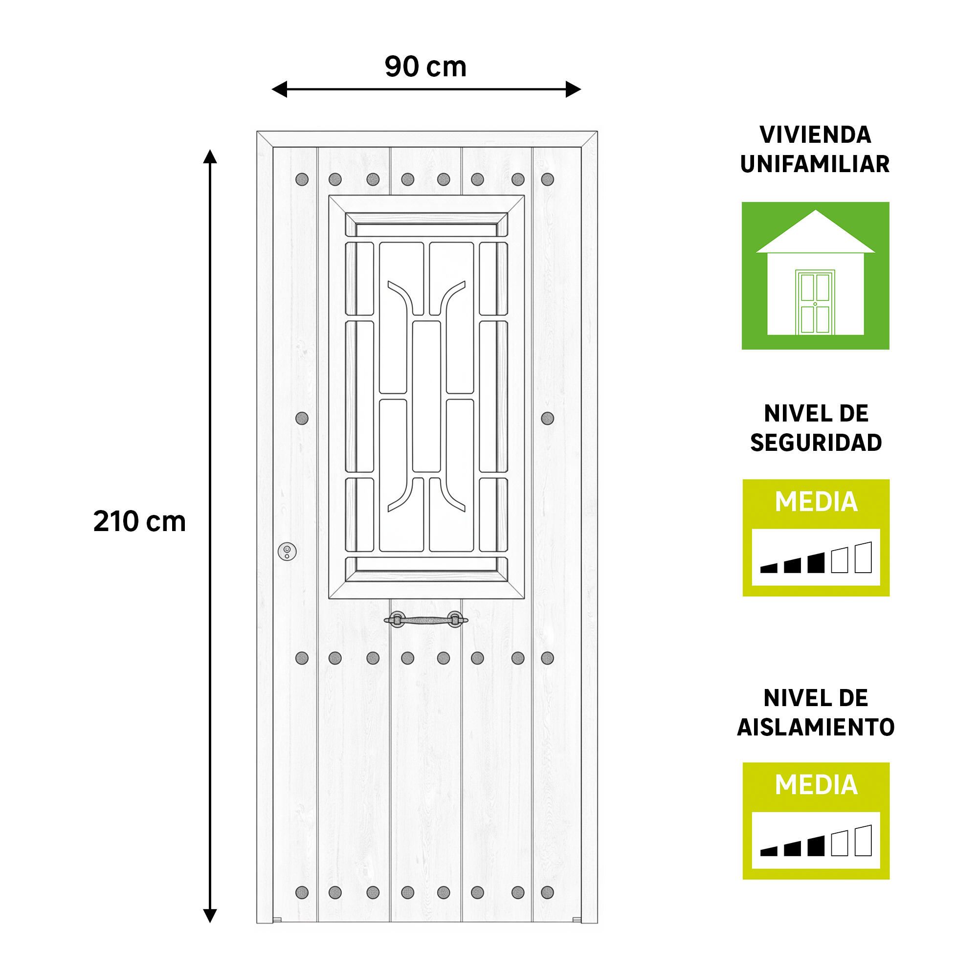 Puerta de entrada metálica serie Saga con cristal rústico roble viejo /interior liso roble viejo apertura derecha 210x90cm - 3