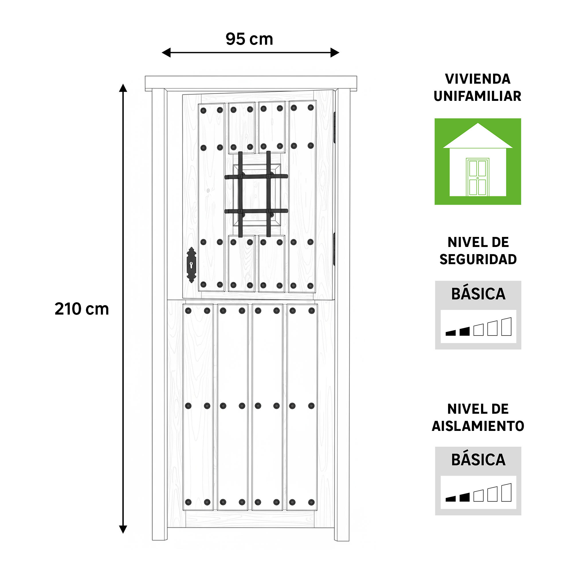 Puerta de entrada madera pino partida con reja diseño rústico color pino apertura derecha 210x95cm - 4