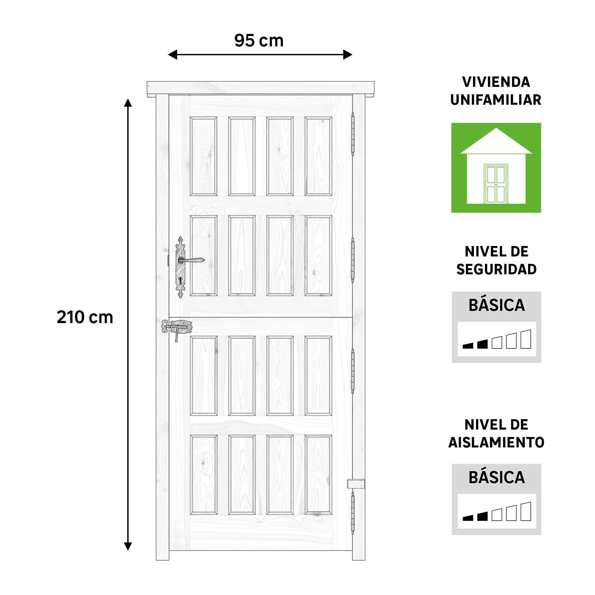 Puerta de entrada madera pino partida diseño rústico color pino apertura izquierda 210x95cm - 3