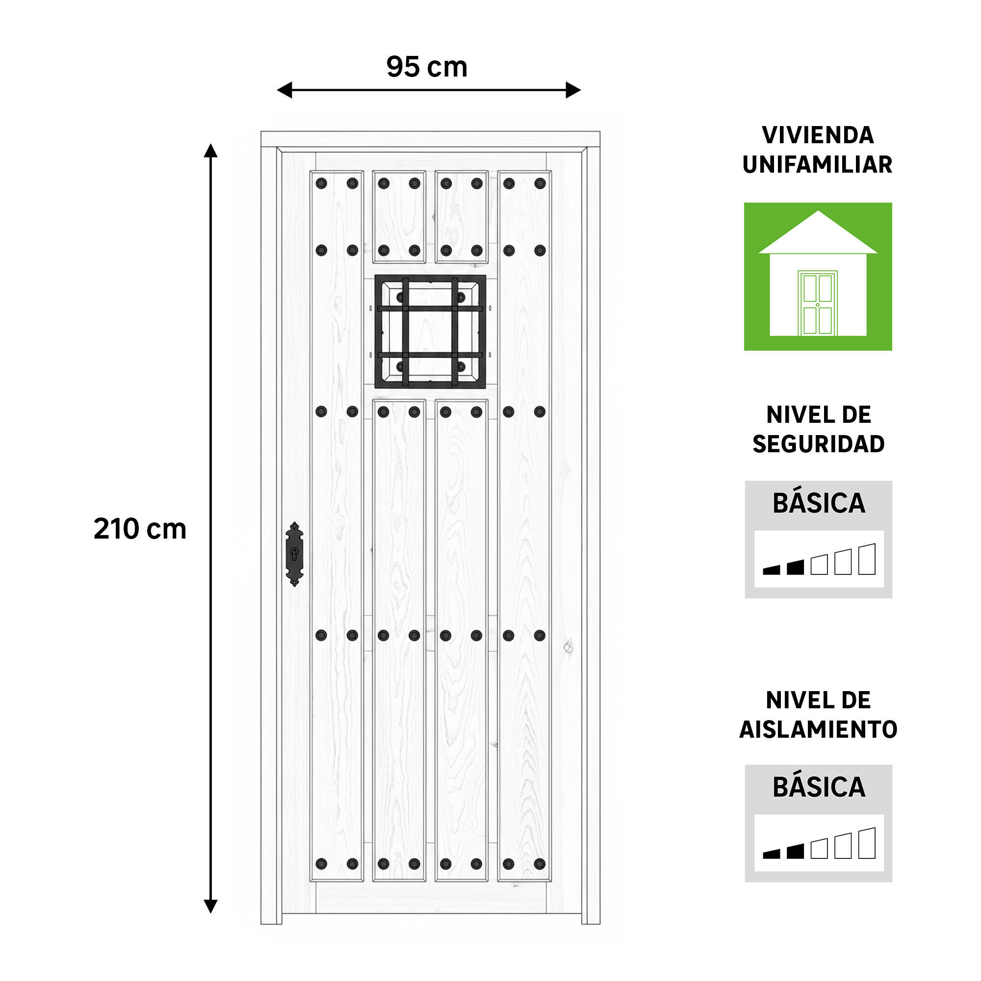 Puerta de entrada madera pino entera diseño rústico color pino apertura derecha 210x95cm - 5