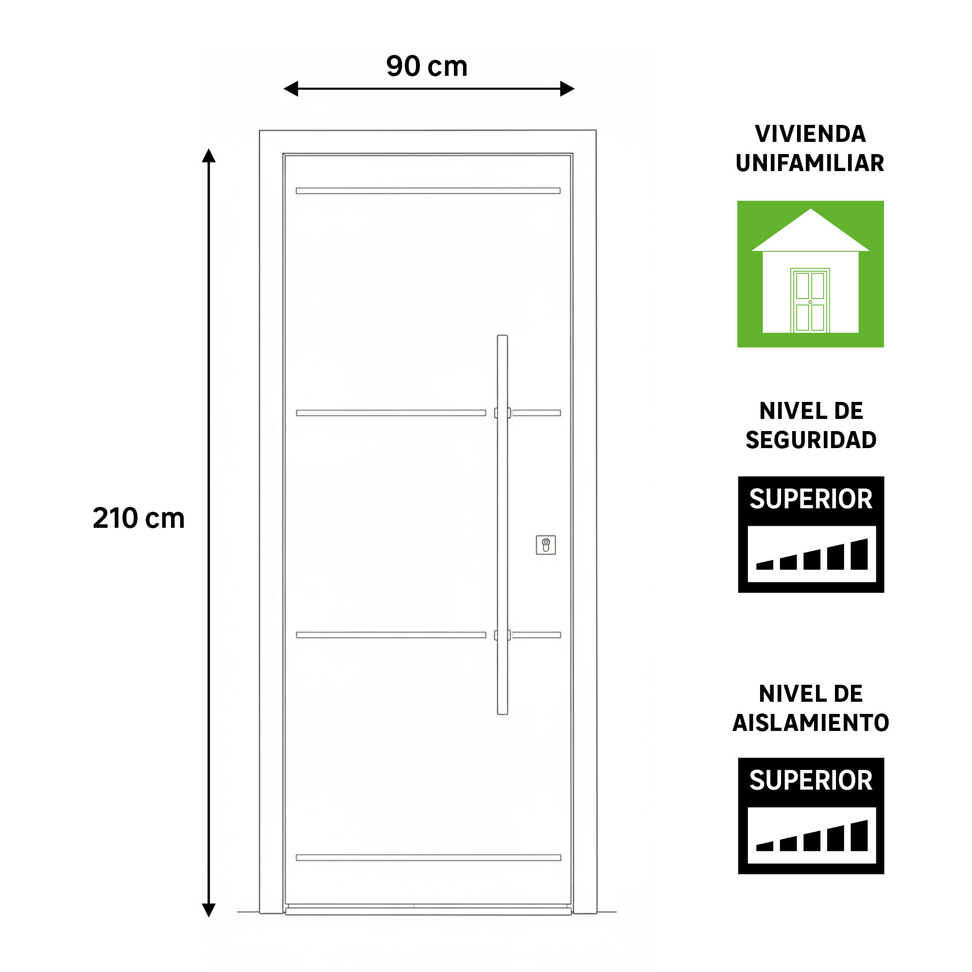 Puerta de entrada metálica serie Plus Comfort fresada negro /interior liso negro apertura izquierda 210x90cm - 4