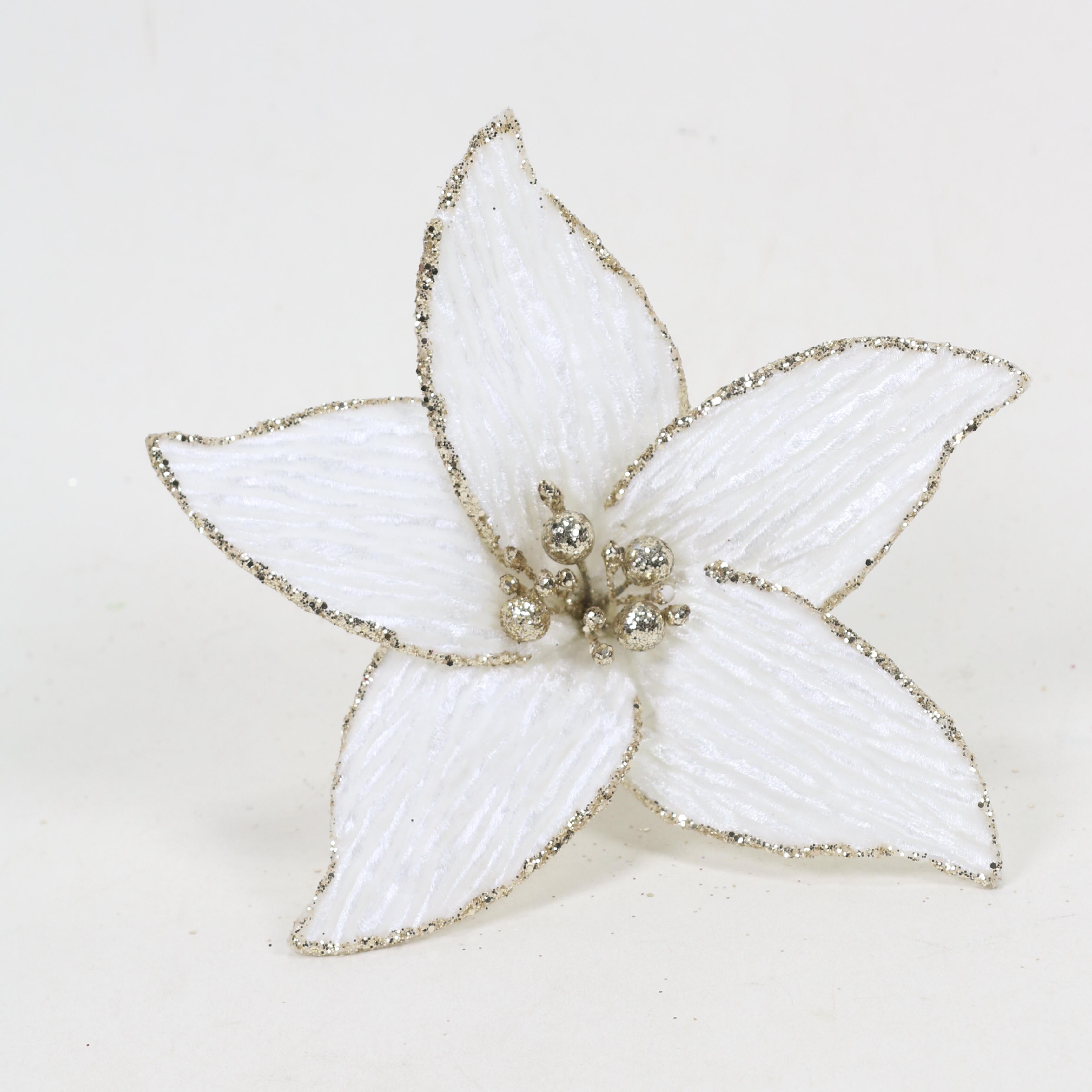 Enfeite clip poinsettia 15.5 cm branco e dourado - 2