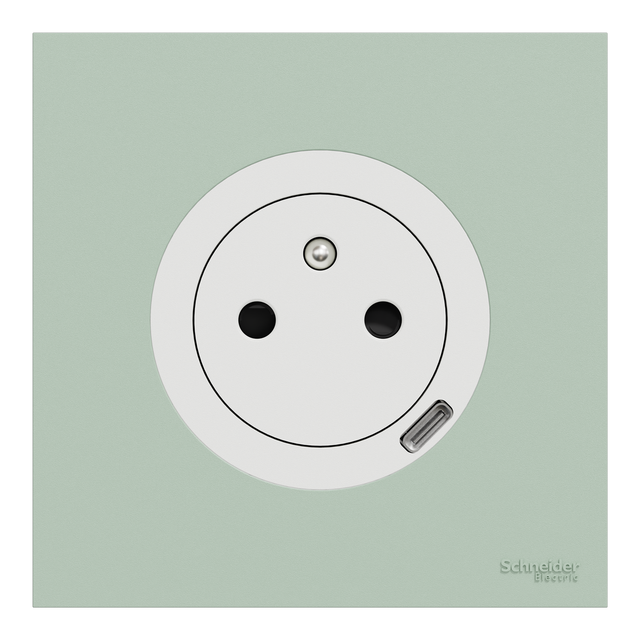 Prise affleurante + usb C complet Odace, SCHNEIDER ELECTRIC, blanc/vert jade
