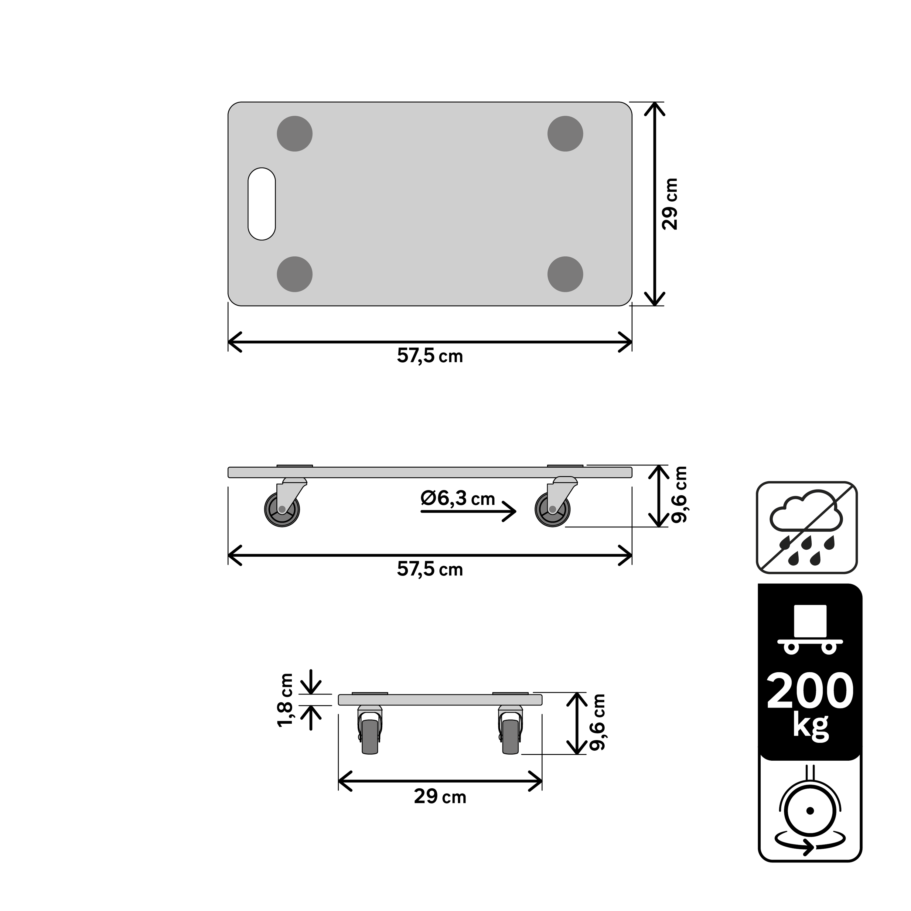 Suporte rodante 575X290X96MM 200KG MDF 60MM - 4