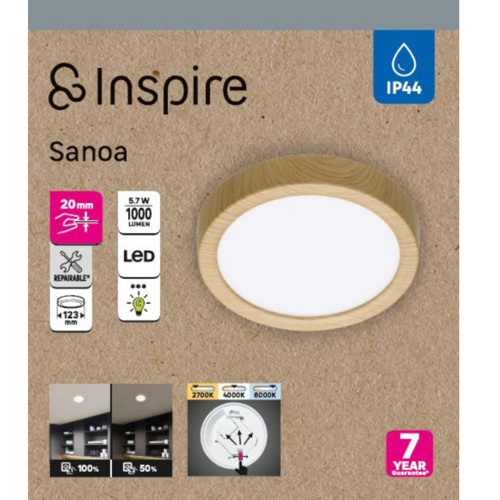 Spot à fixer LED Sanoa, D.12cm, variations blancs/intensité INSPIRE coloris bois - 4