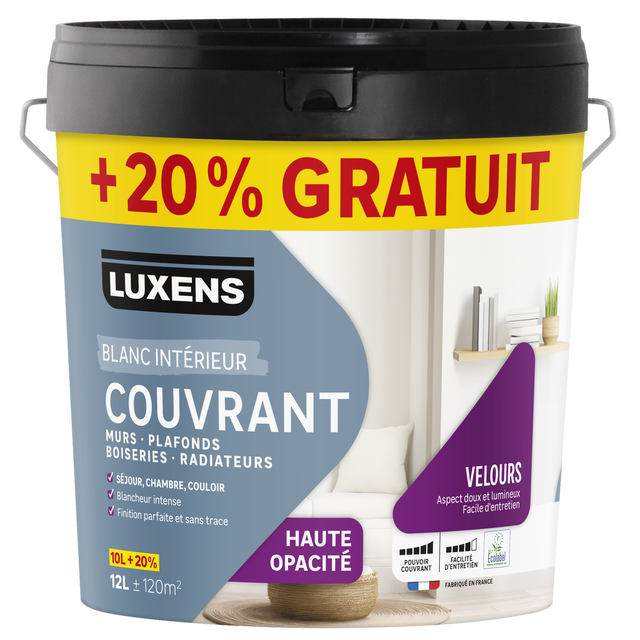 Peinture mur, plafond, boiserie blanc velours LUXENS Couvrant 10L+20% grat