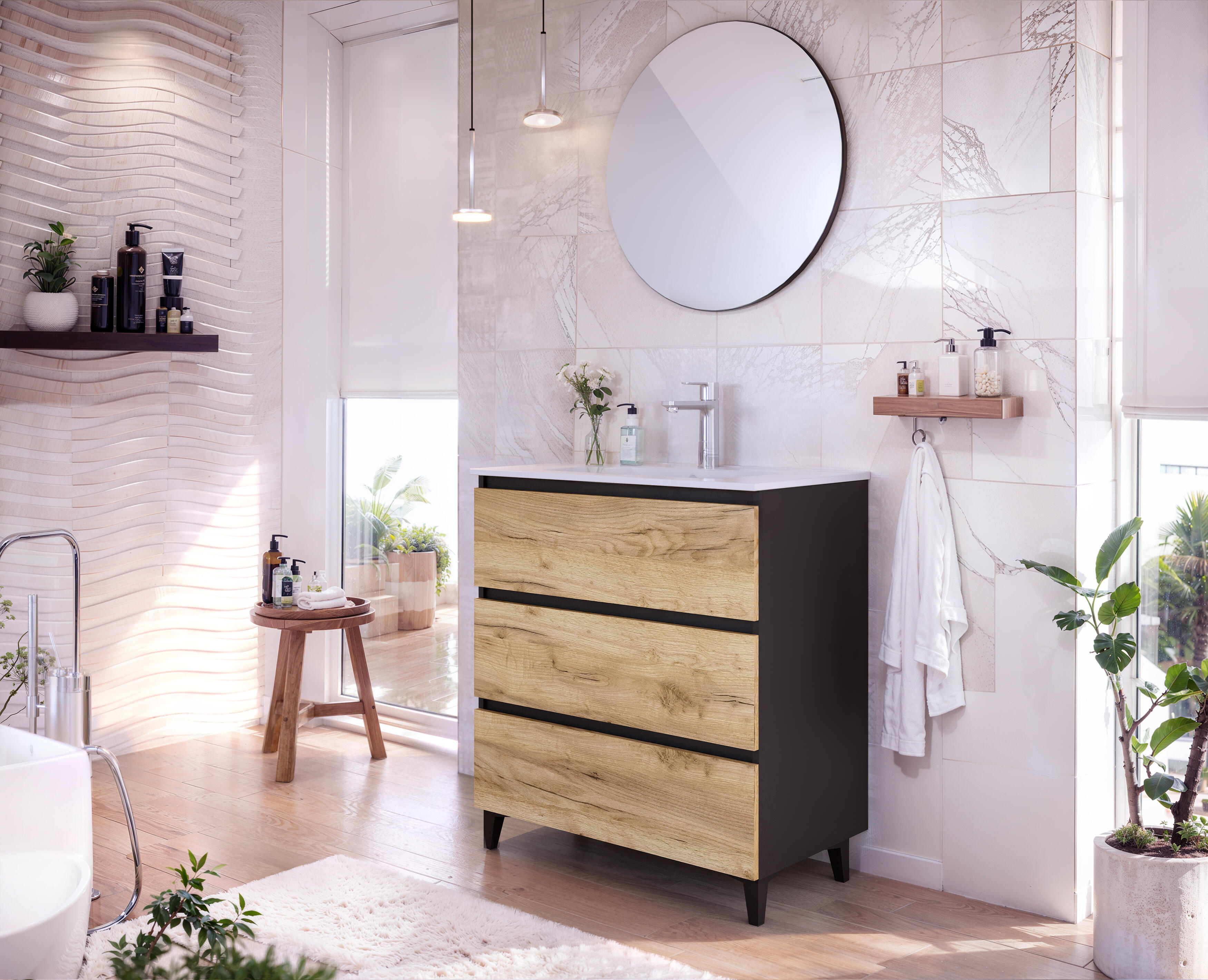 Mueble de baño con lavabo y espejo karel roble 81x47 cm