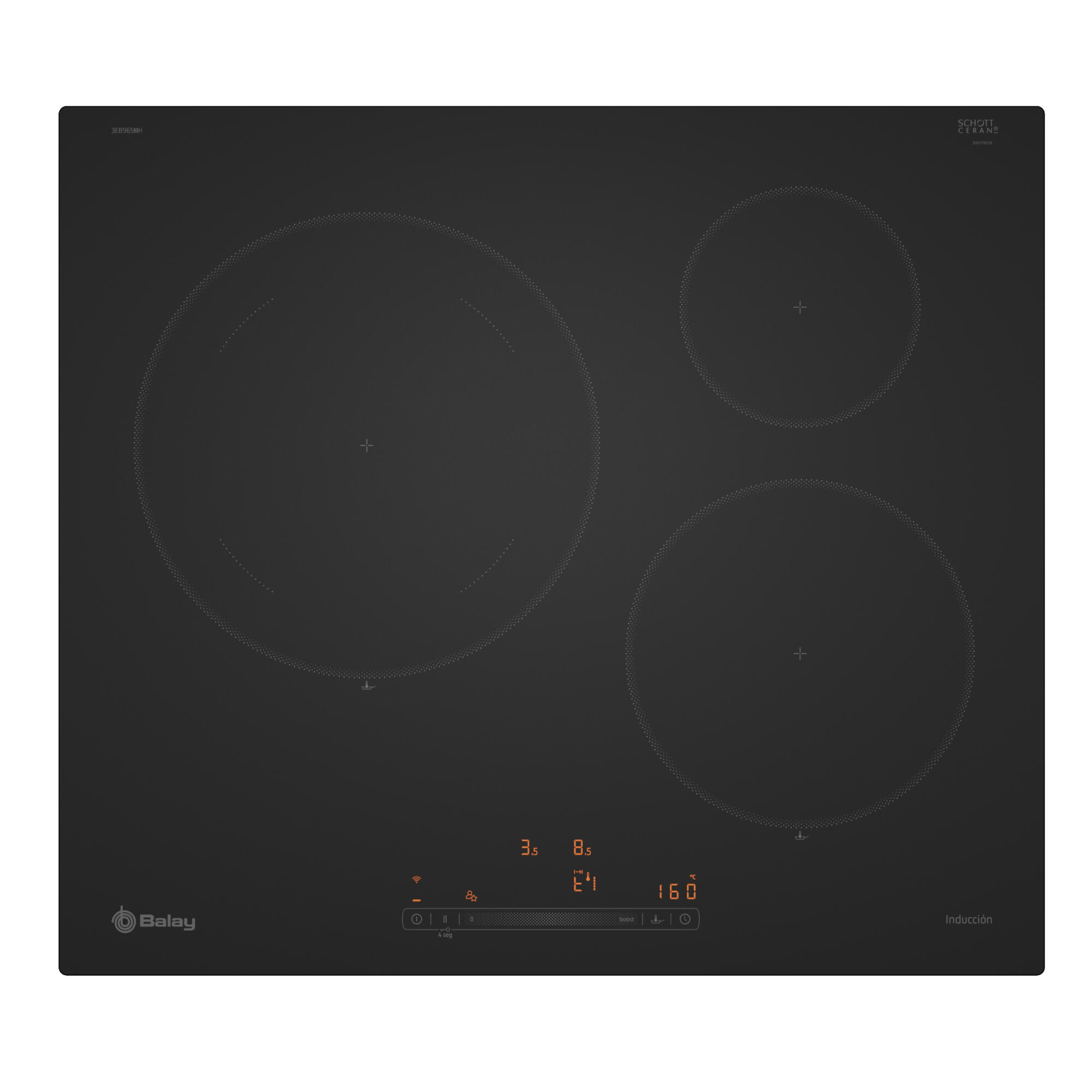 placa de induccion balay 3eb965mh con 3 zonas de coccion zona grande de 28cm 7400 w negro 60cm