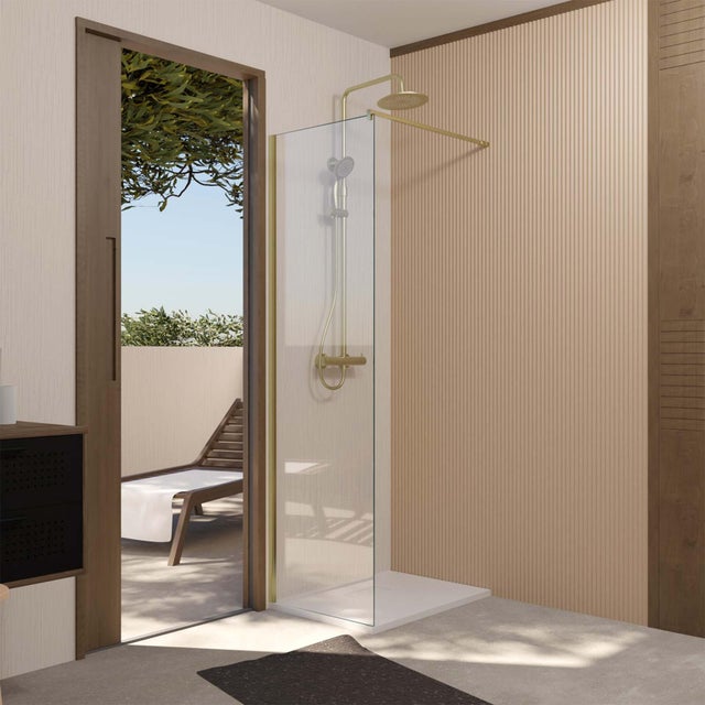 Mampara de ducha fija Essential perfil aluminio dorado (61-61)x195 cm cristal templado 5mm transparente antical reversible. Barra fijación muro o techo recortable incluida AURLANE