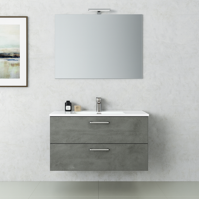 Mobile bagno sospeso con lavabo e specchio e illuminazione L 80 x H 55 x P 45.5 cm cemento 2 cassetti per vasca centrale Noa