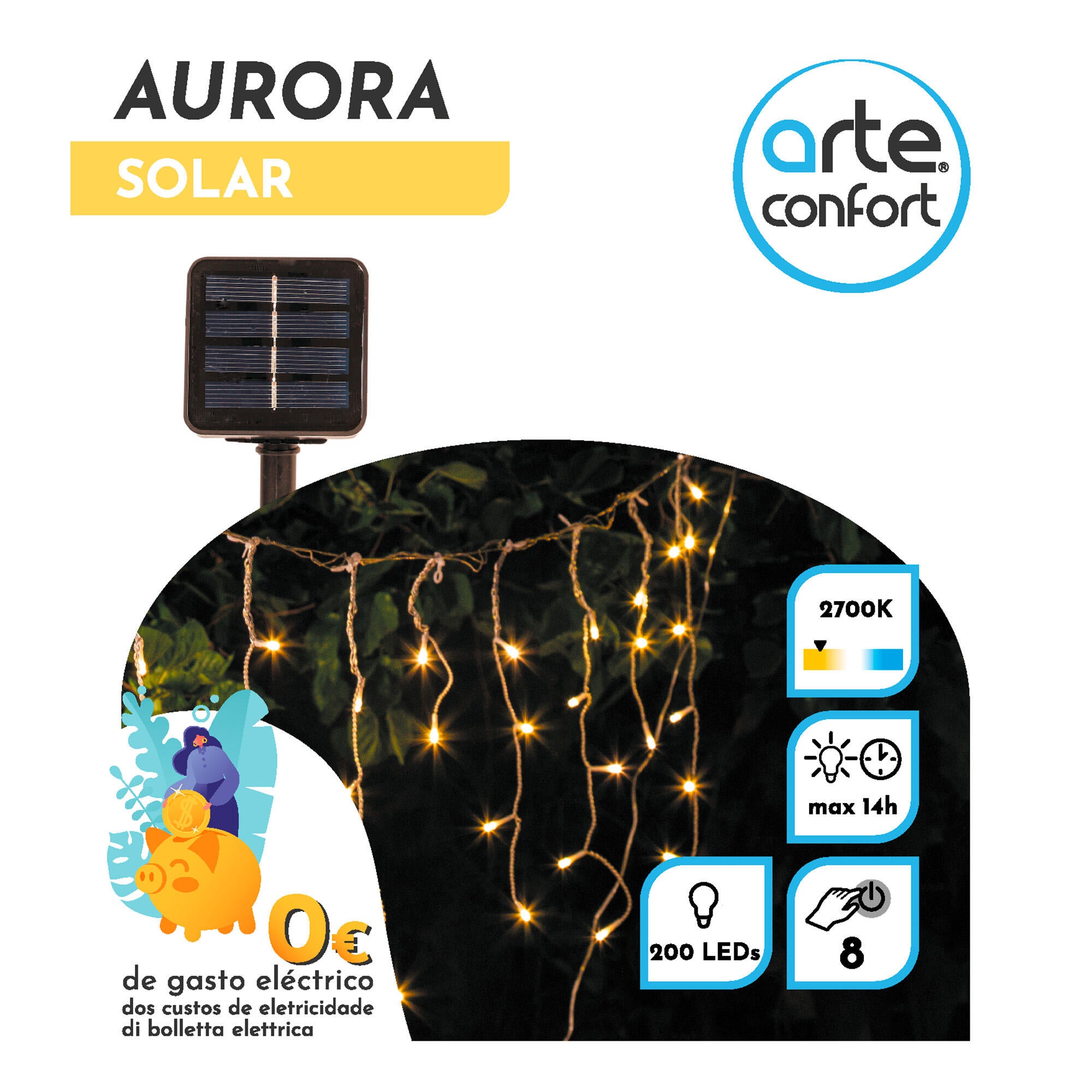 Guirnalda solar exterior LED blanco cálido con sensor crepuscular ARTE CONFORT Aurora 3m IP65 y 14h. autonomía - 2