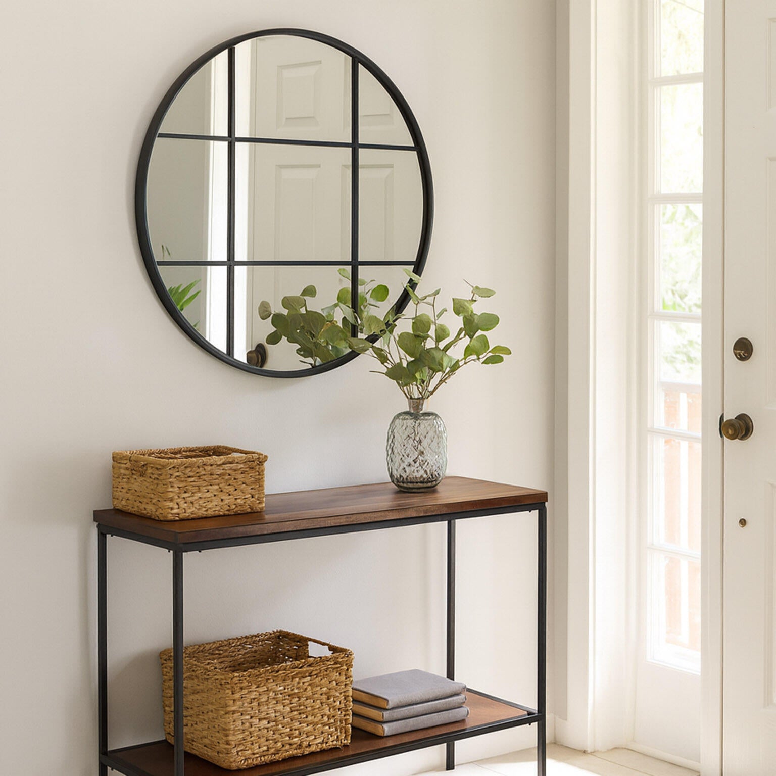 Espejo enmarcado de pared redondo Ventana polipropileno negro de 80 cm de diámetro. Apto para baños. - 2