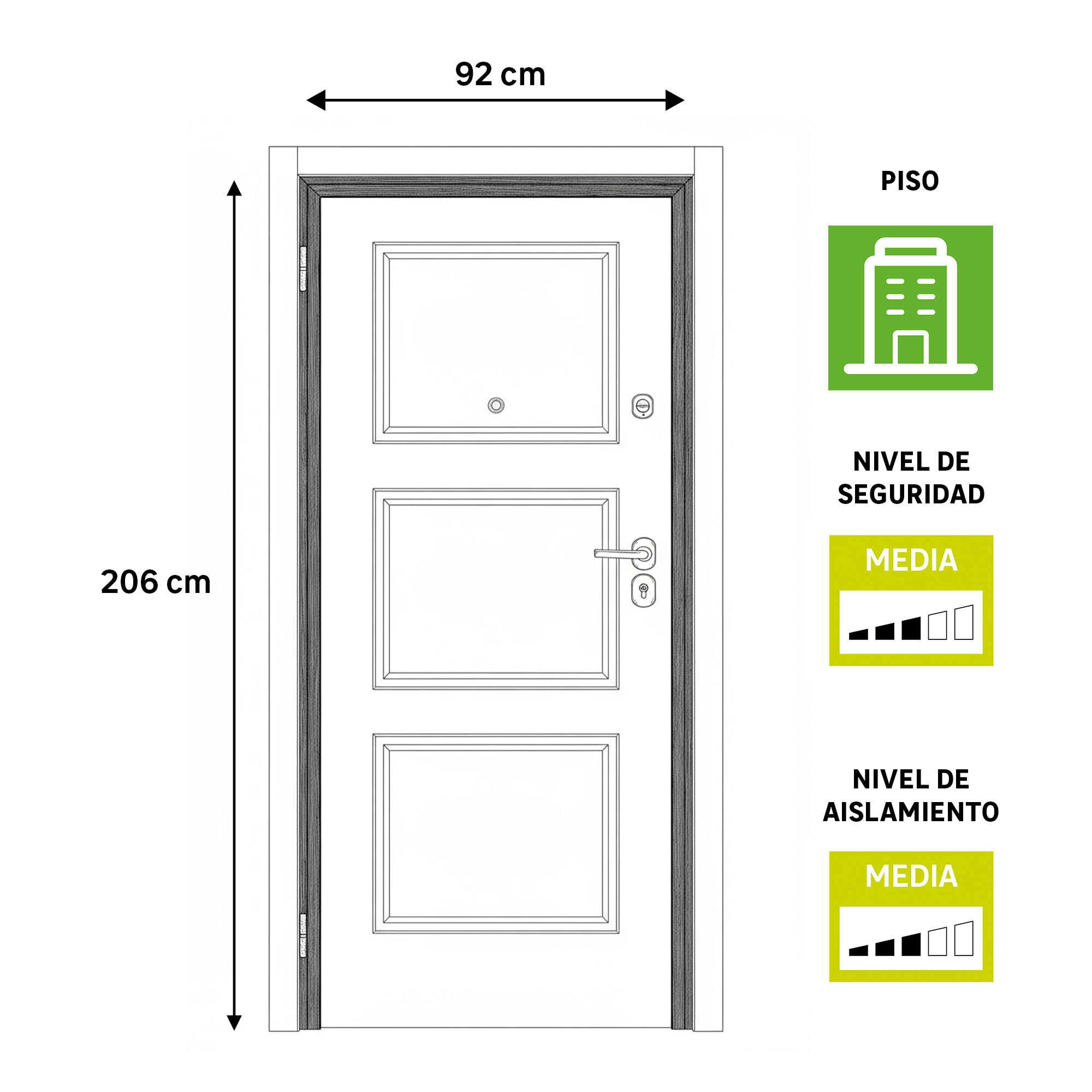 Puerta de entrada acorazada serie omega dos cuadros sapelly / interior monaco tres cuadros blanco apertura derecha 206x92cm