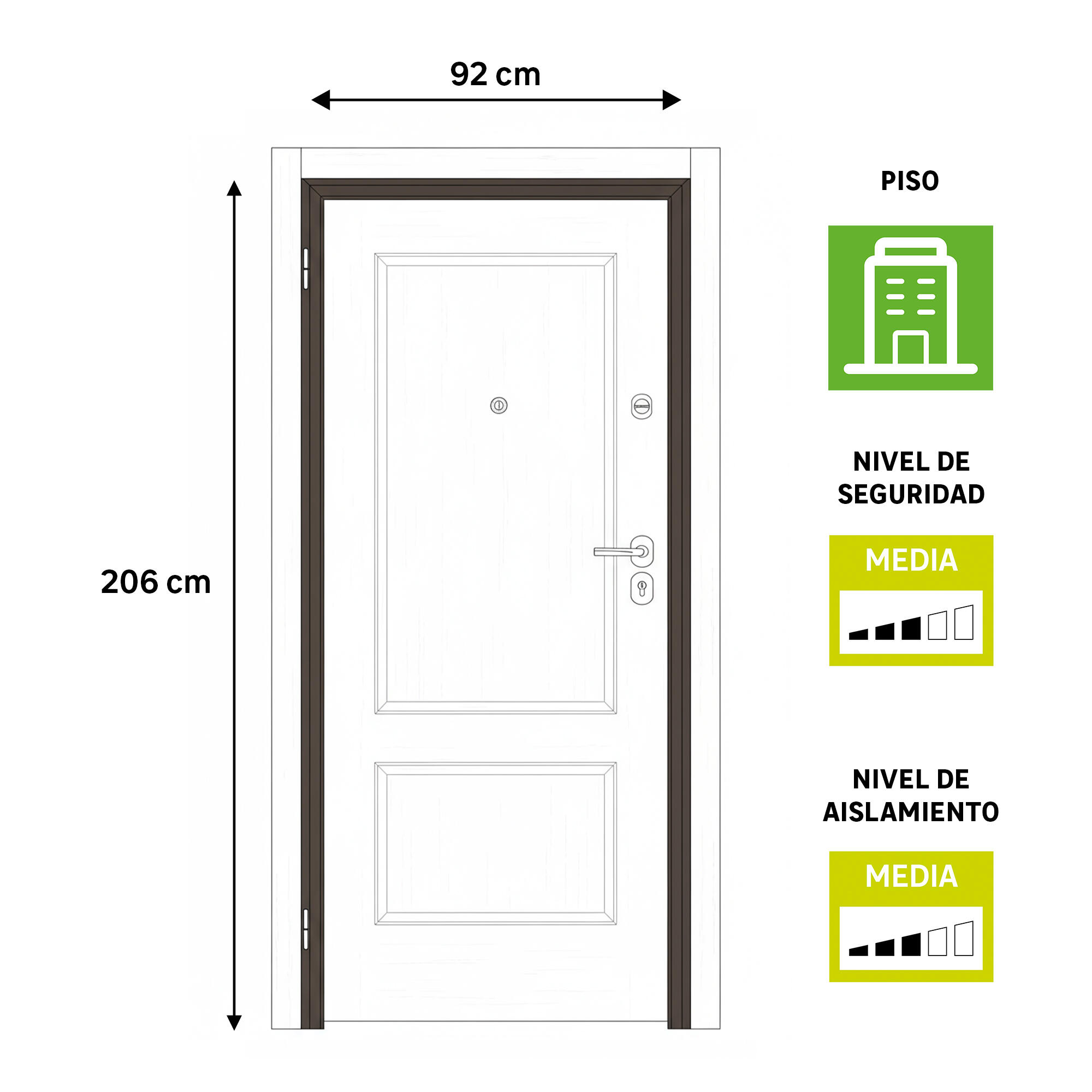 Puerta de entrada acorazada serie omega dos cuadros sapelly / interior atlanta dos cuadros blanco apertura derecha 206x92cm