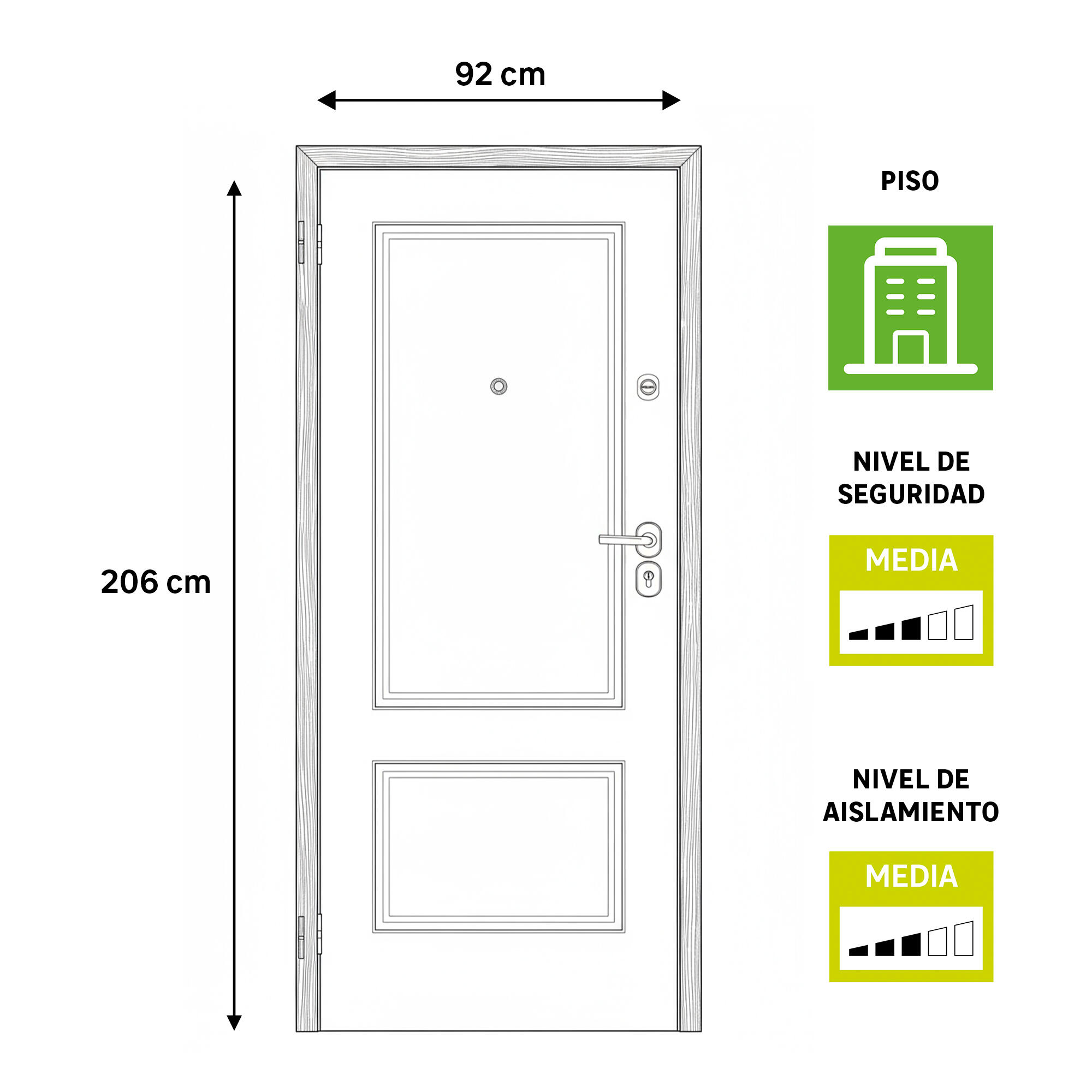 Puerta de entrada acorazada serie omega dos cuadros sapelly / interior marsella dos cuadros blanco apertura derecha 206x92cm