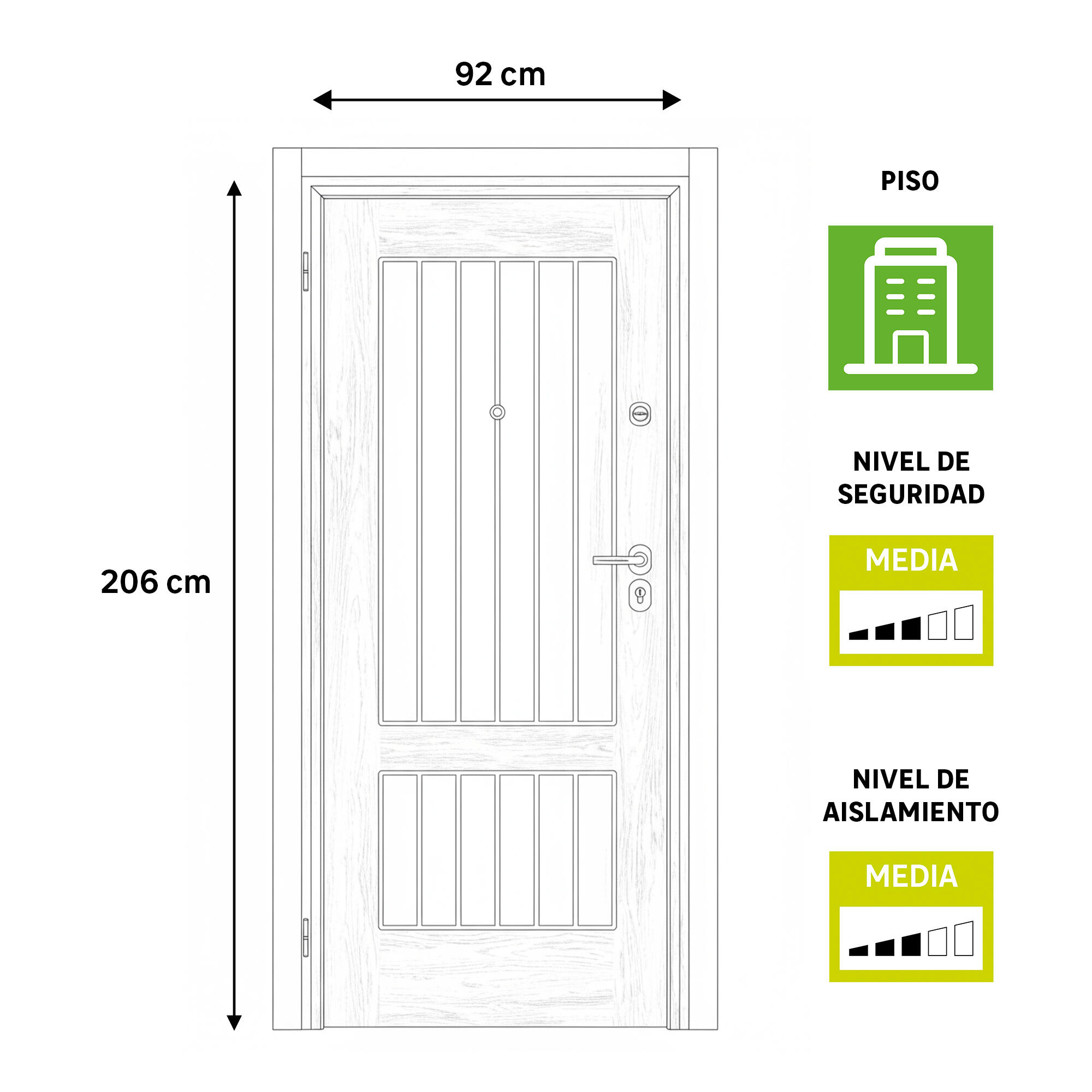 Puerta de entrada acorazada serie omega dos cuadros sapelly / interior madison dos cuadros blanco apertura derecha 206x92cm