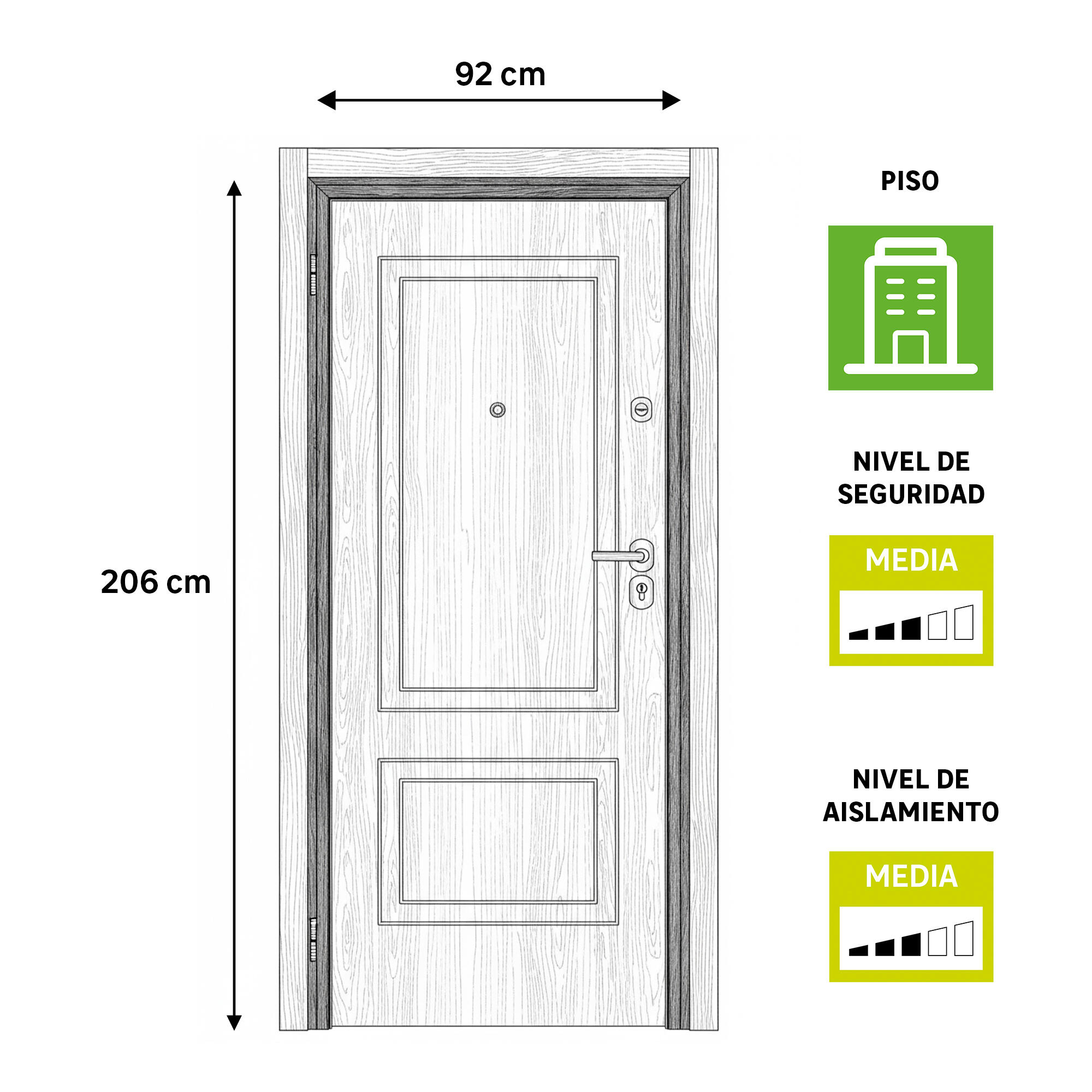 Puerta de entrada acorazada serie omega dos cuadros sapelly / interior boston dos cuadros blanco apertura derecha 206x92cm