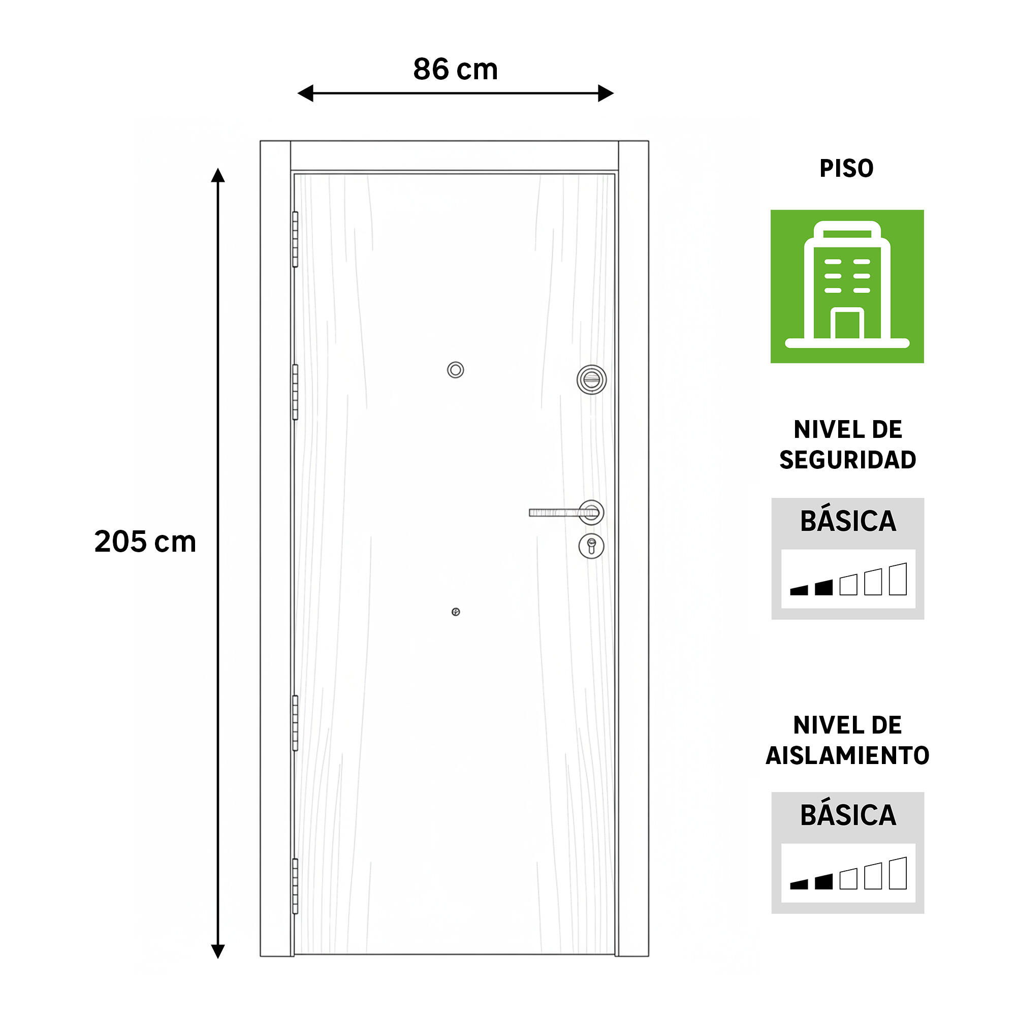 Puerta de entrada blindada serie 3P liso sapelly / interior liso  blanco apertura derecha 205x86cm - 5