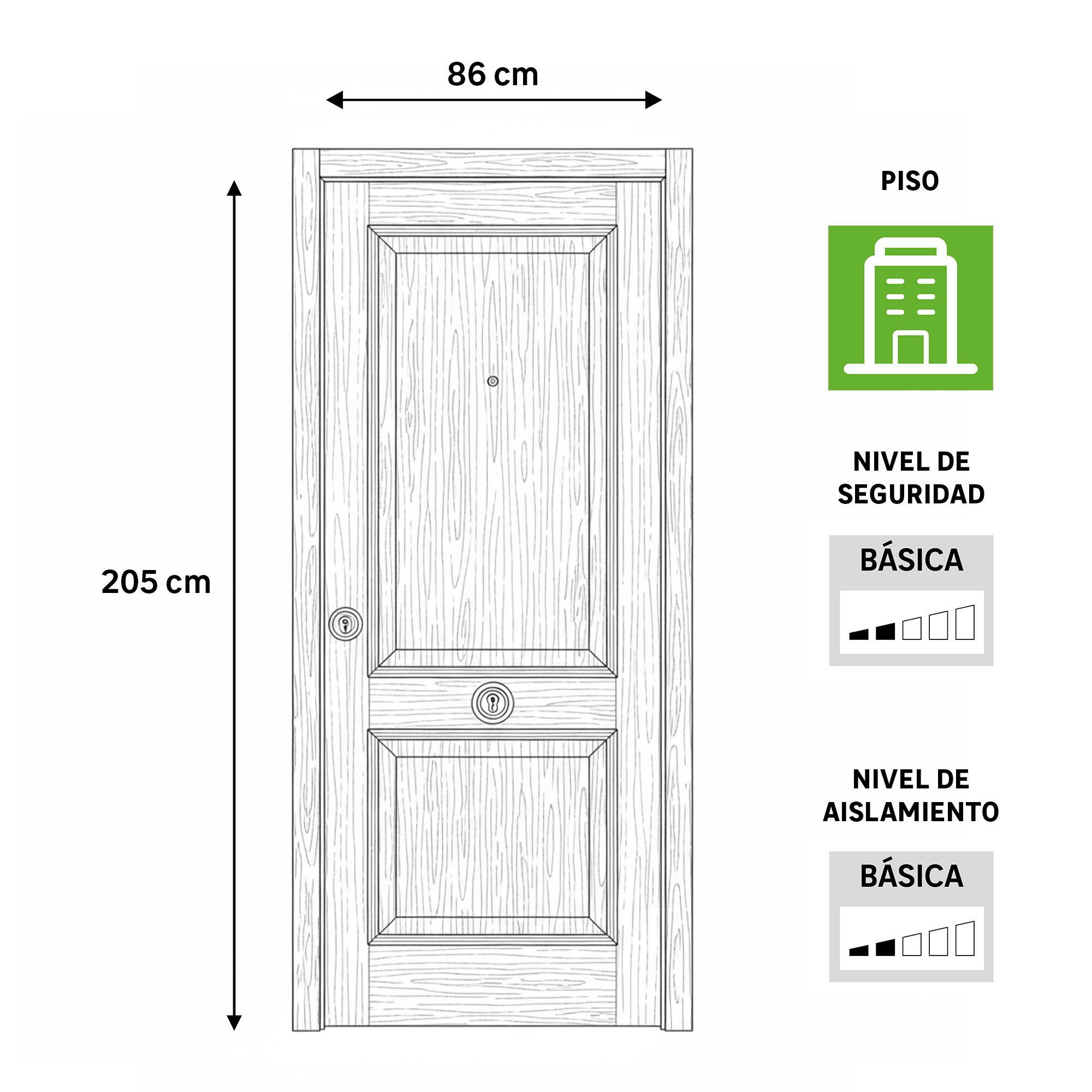 Puerta de entrada blindada serie 3P dos cuadros roble / interior liso  roble apertura izquierda 205x86cm - 3