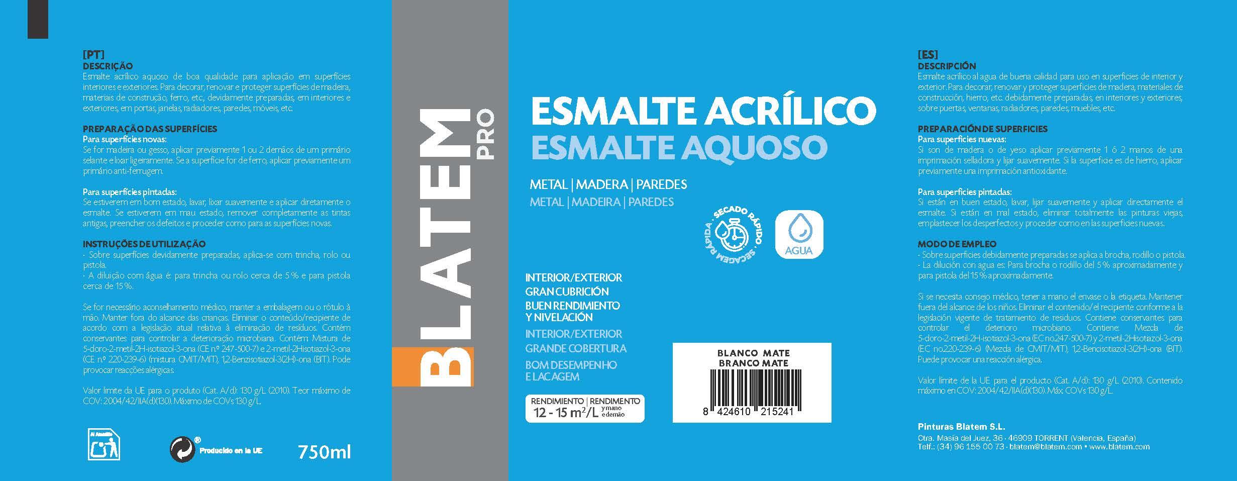 ESMALTE ACRILICO MATE 750ML BLANCO - 3
