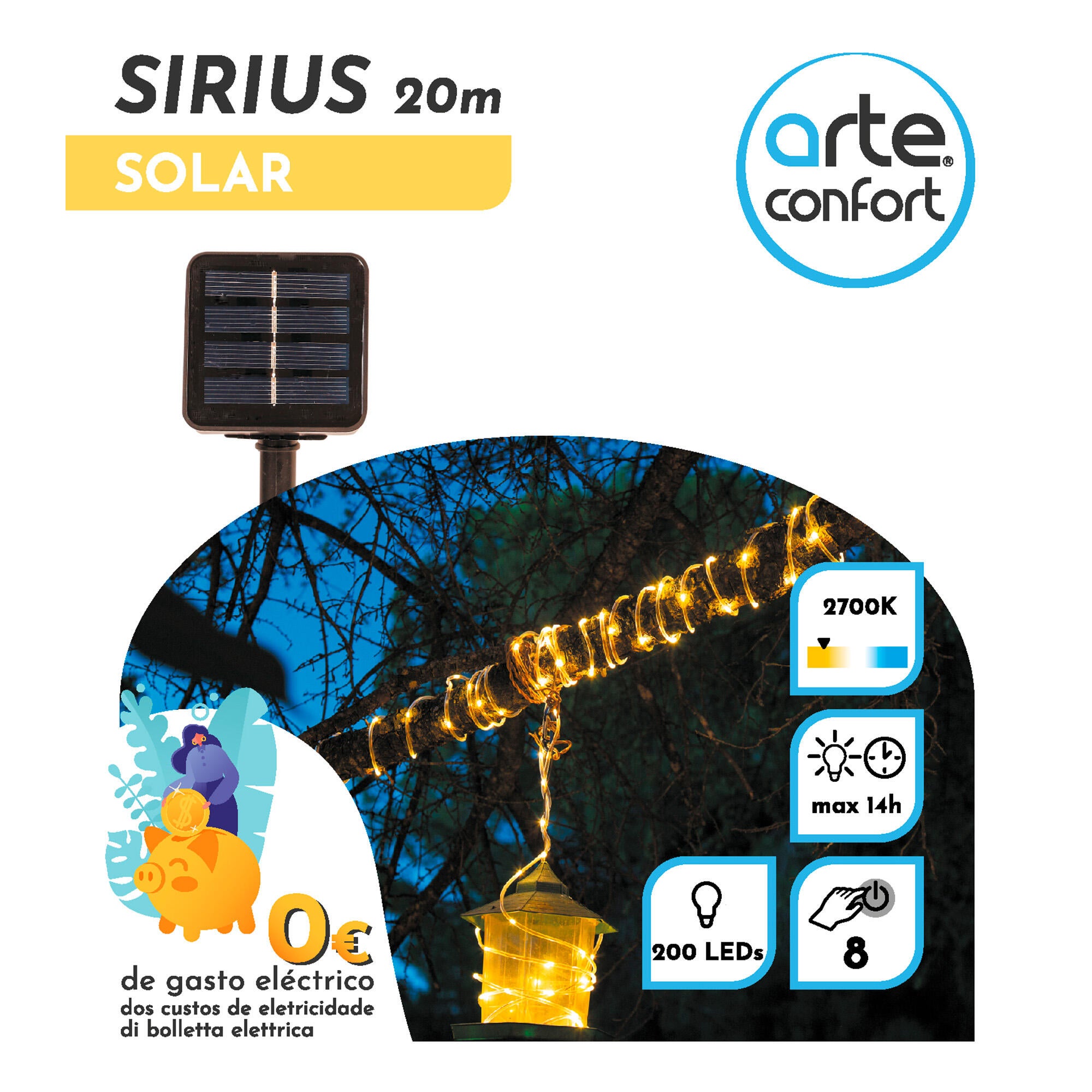 Guirnalda solar exterior LED 200 luces 21.9 m blanco cálido con sensor crepuscular ARTE CONFORT Sirius IP65 y 14h aprox. con carga llena - 2