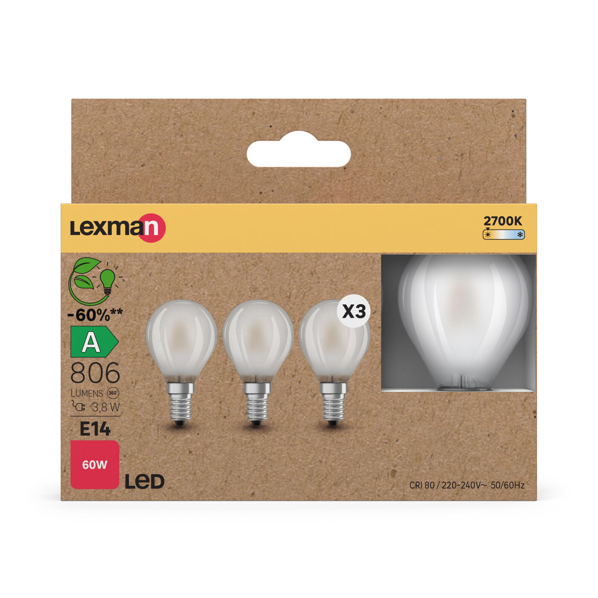 Pack 3 lâmpada LED E14 806lm 2700K Lexman - 7